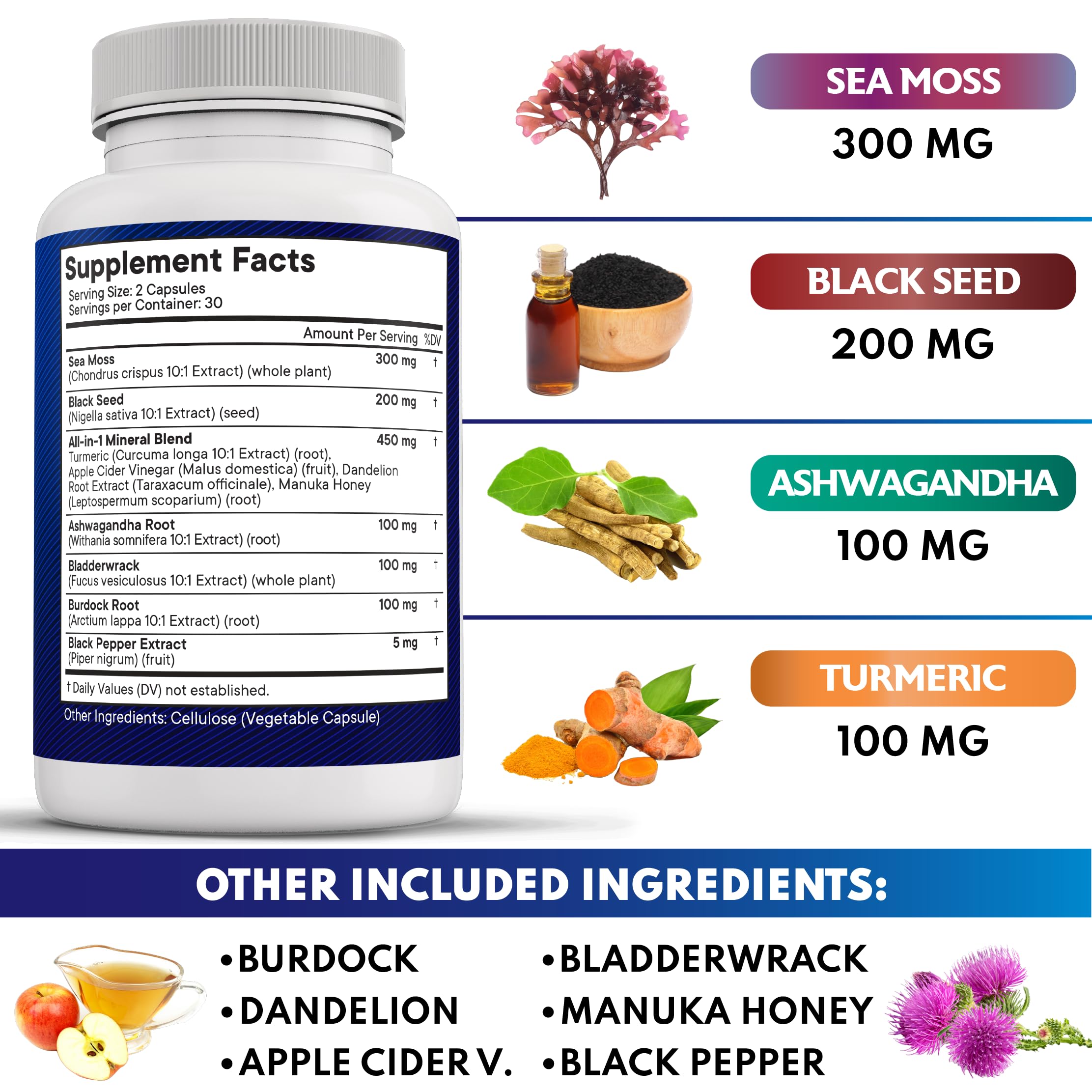 Organic Silica Sea Moss Supplement with Black Seed Oil, Ashwagandha & Turmeric - Immune Support, Joint Health & Detox - Gluten Free, Vegan - Perfect for Smoothies, Teas & Wellness Routines