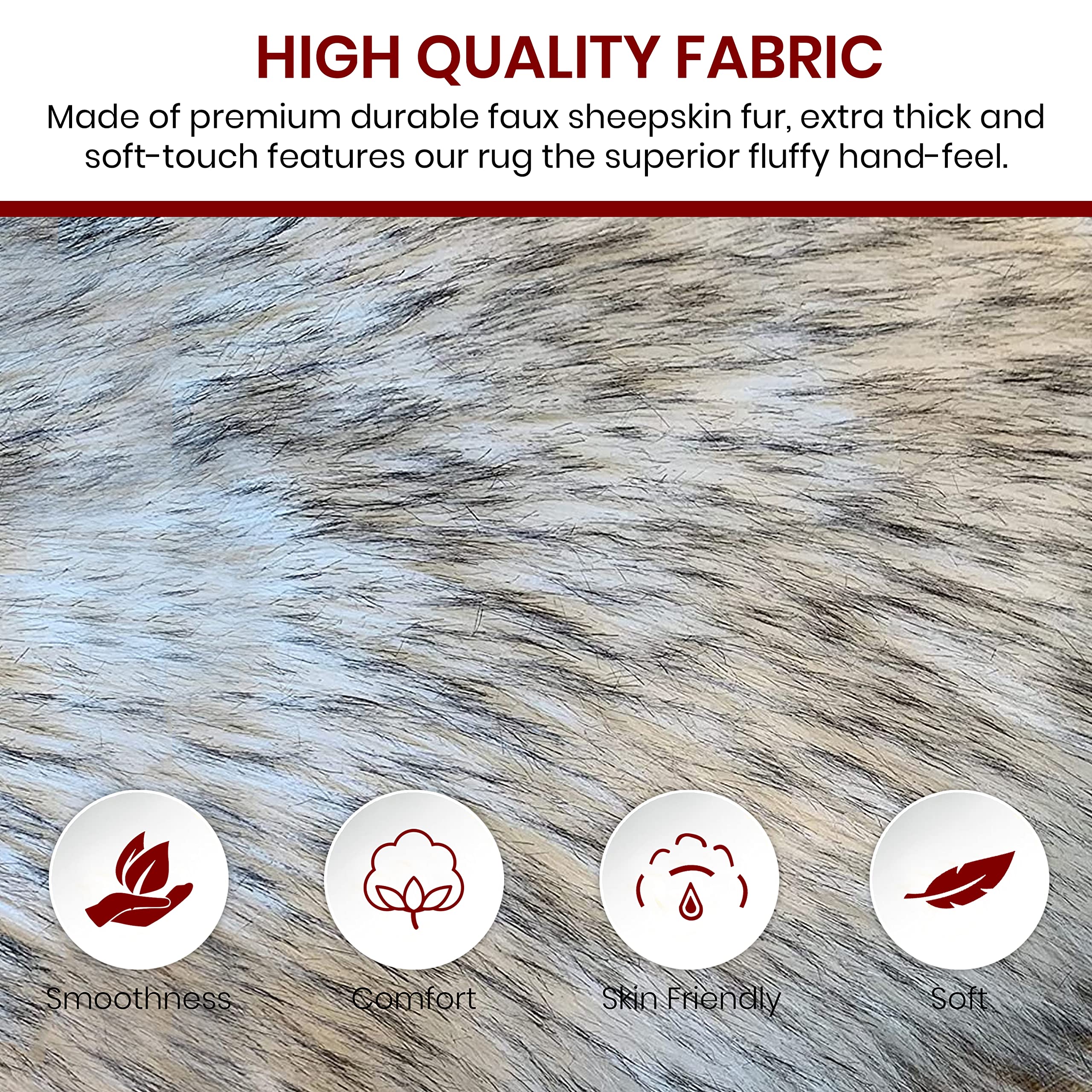 Premium Faux Sheepskin Fur Rug - Ultra Soft Fluffy Shag Area Rug for Bedroom, Living Room & Nursery | Non-Slip Home Decor Accent Rug in White with Black Tips (2'6
