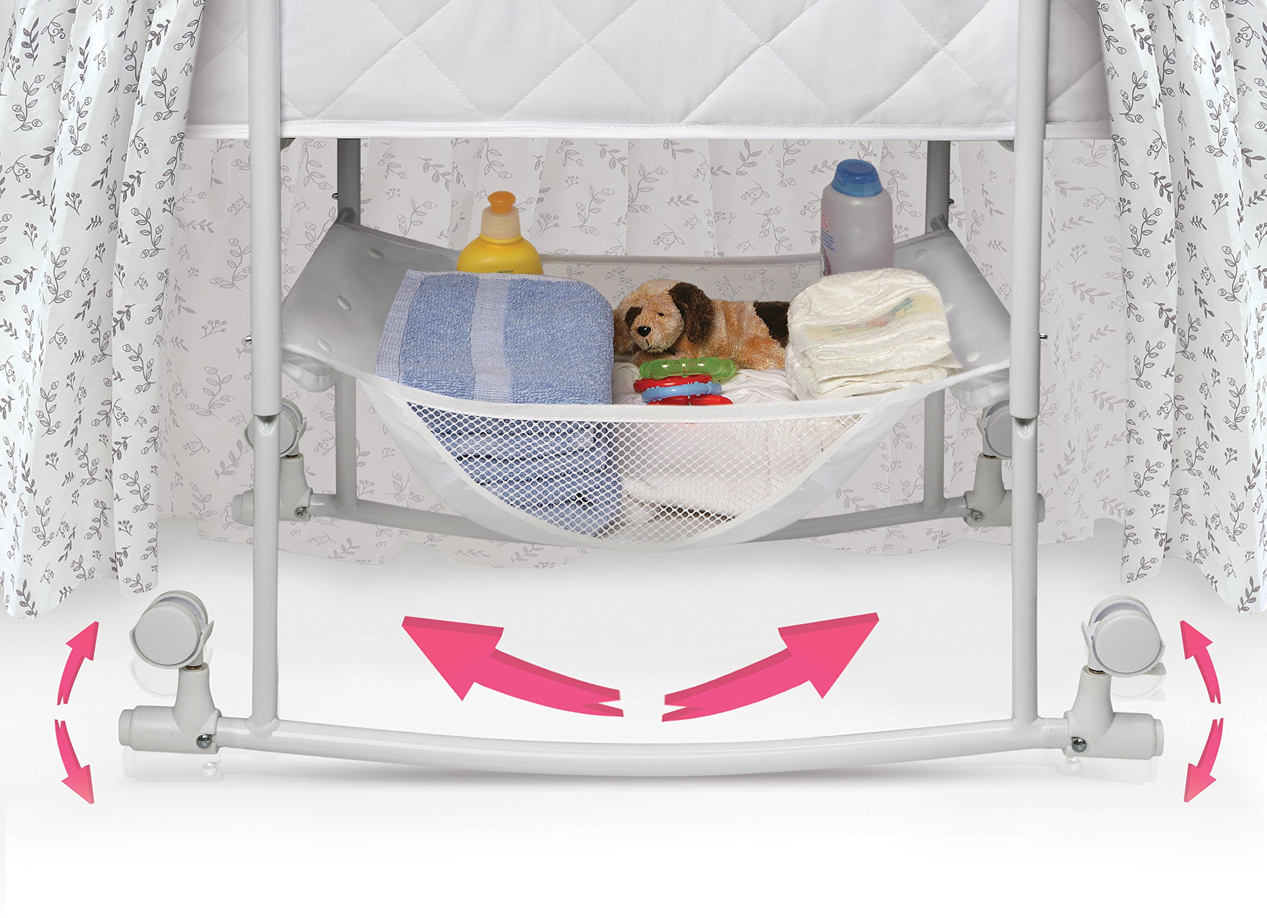 Badger Basket Wishes Rocking Baby Bassinet - Heirloom Quality Bedside Sleeper with Soft Bedding, Comfortable Pad & Storage Basket - Gray/Leaf Design - Perfect for Nursery, Bedroom & Travel Use