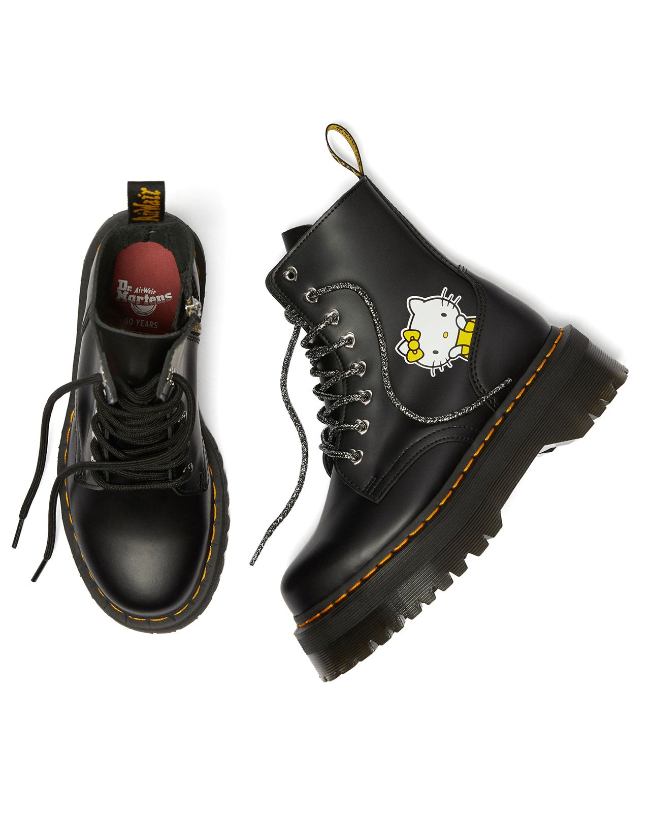 Dr. Martens Jadon Hello Kitty Black Polished Smooth Platform Boots for Women - Cute Punk Style Ankle Booties for Casual Outfits & Streetwear Fashion