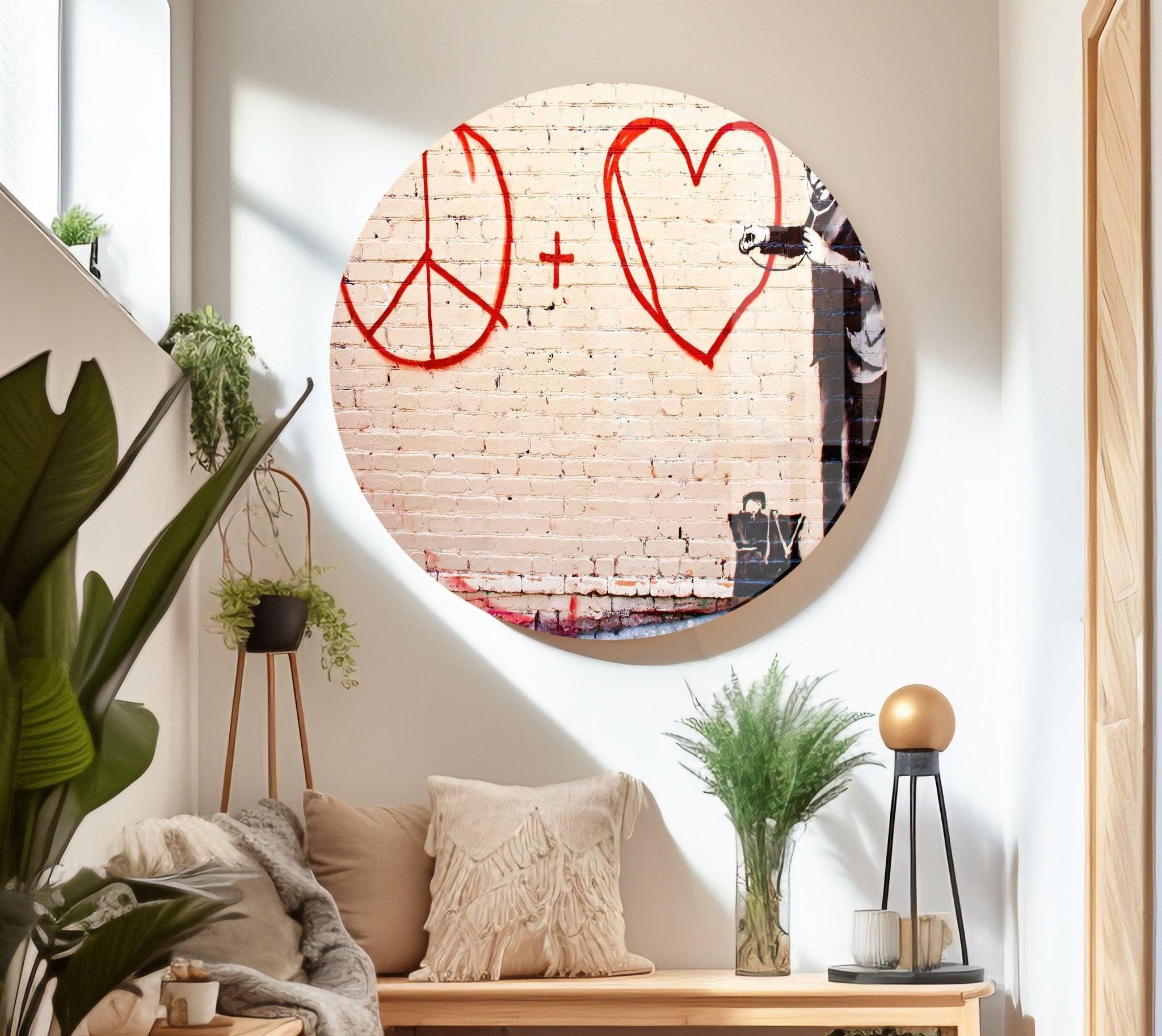 Banksy Peace and Love Glass Wall Art - Modern Home Decor for Living Room, Bedroom & Office - Unique Street Art Inspired Glass Panel