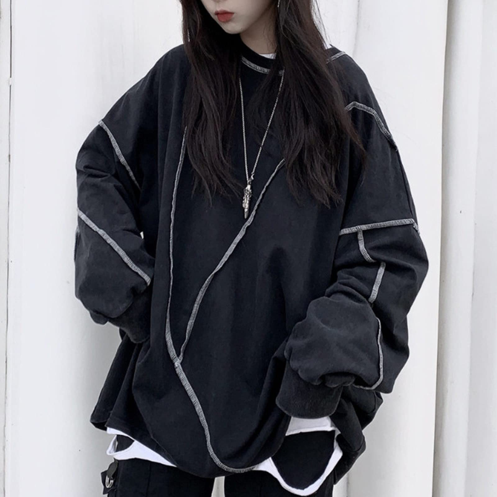 Gothic Long Sleeve Sweatshirt for Women - Oversized Loose Fit Dark Black Pullover Top for Spring and Autumn | Casual Streetwear, Layering Essential, Gothic Fashion Outfits