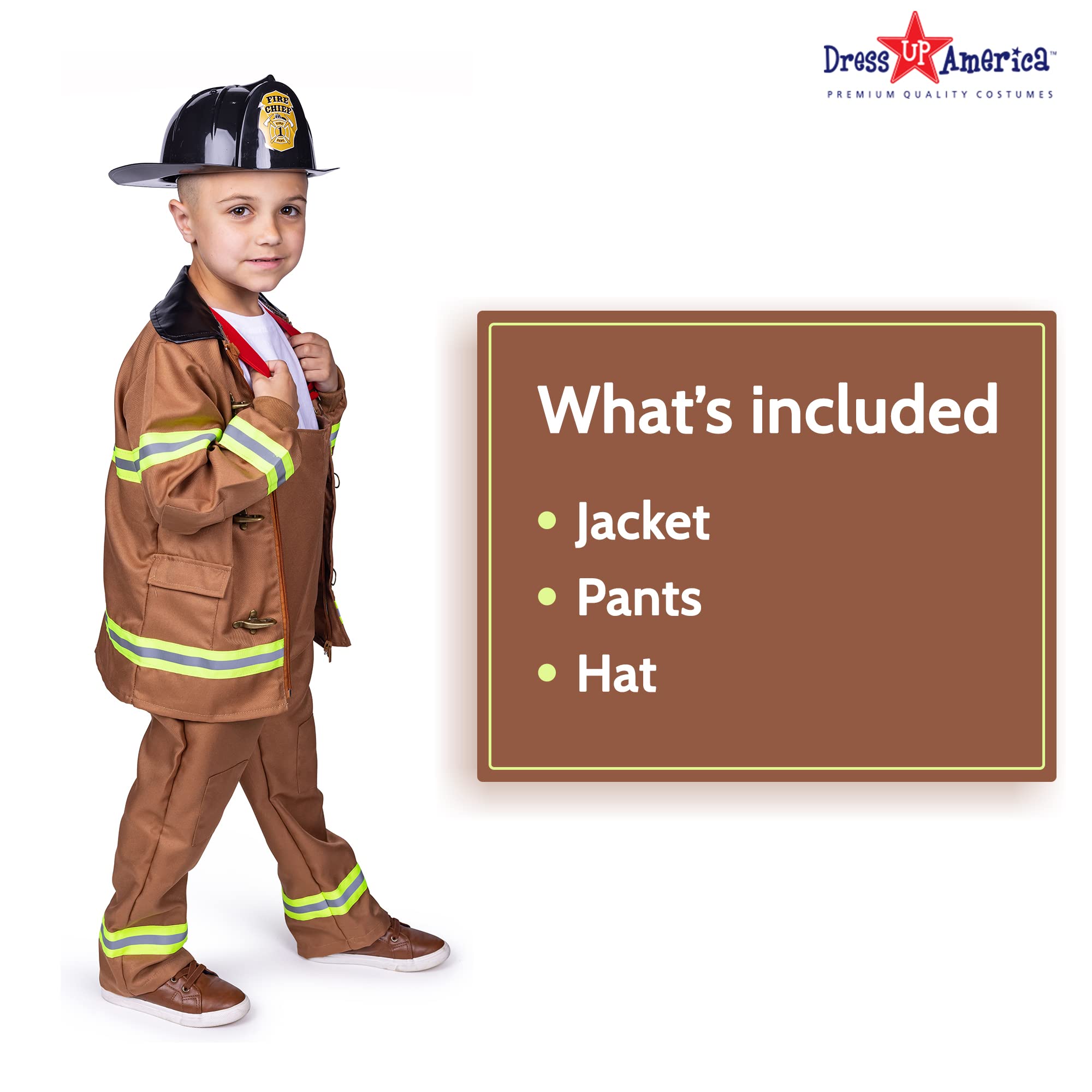 Firefighter Costume for Kids - Realistic Fireman Dress Up Set with Hat & Badge - Role Play Pretend Play for Halloween, Parties & Career Day