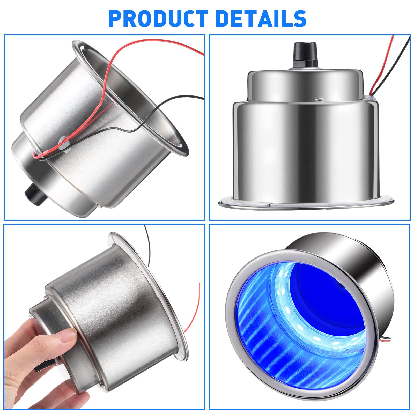 6-Pack LED Cup Holder Inserts with Drain - Stainless Steel Marine Drink Holders for Boat, Yacht, Car, Camper, Truck & RV - Blue Ambient Lighting for Night Driving & Party Decor