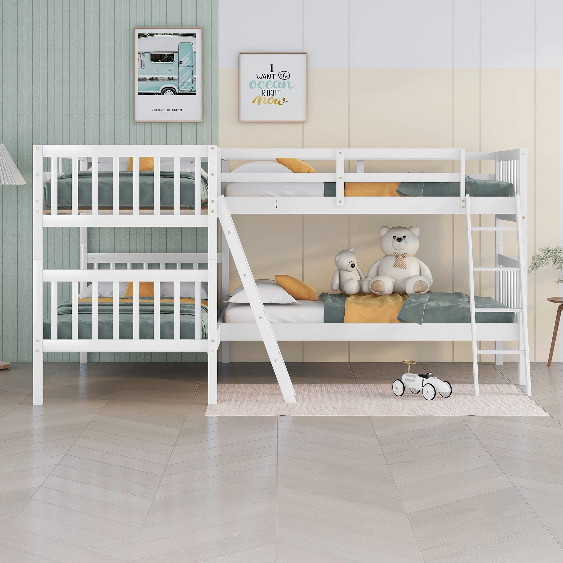 Twin Over Twin L-Shaped Wooden Quad Bunk Bed for 4 Kids - Space Saving Bunk Bed for Boys, Girls & Teens - White - Perfect for Kids' Bedrooms, Dormitories & Vacation Homes