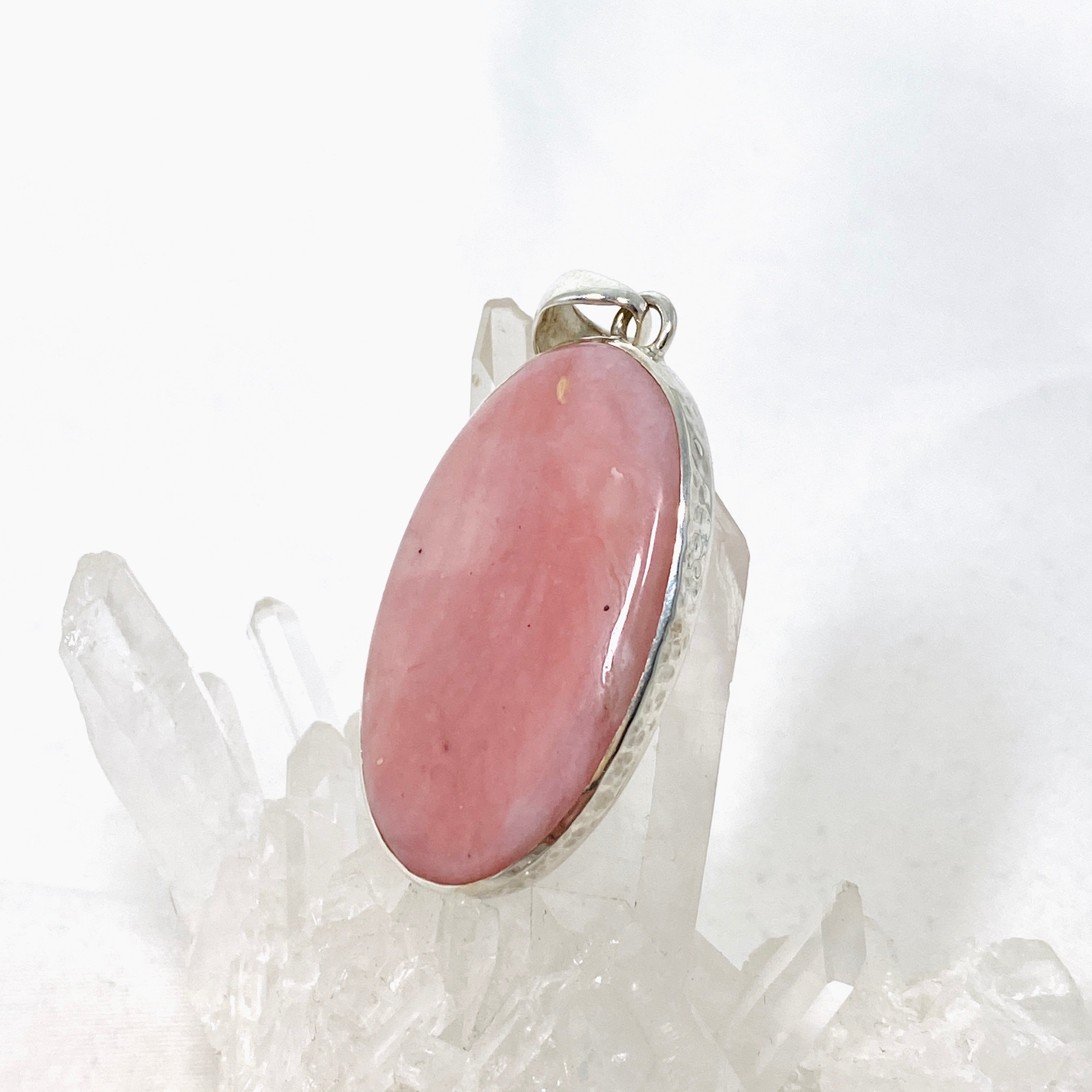 Natural Pink Opal Oval Cabochon Pendant in Handcrafted Hammered Silver Setting - KPGJ4668 | Elegant Jewelry Gift for Women, Perfect for Valentine's Day & Anniversaries