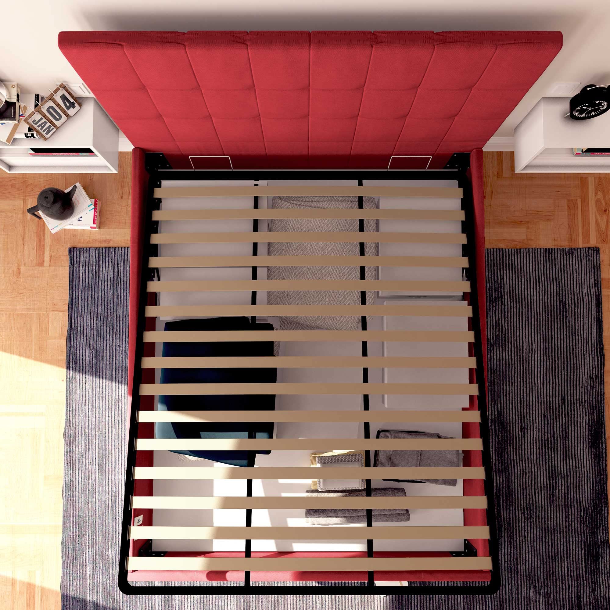 Baldiflex Square and Half Bed with Dublin Fabric Storage Model, Slatted Bed Base, for Single Mattresses 120 x 200 cm, Elegant Headboard, Red - Perfect for Small Bedrooms, Guest Rooms & Modern Apartments