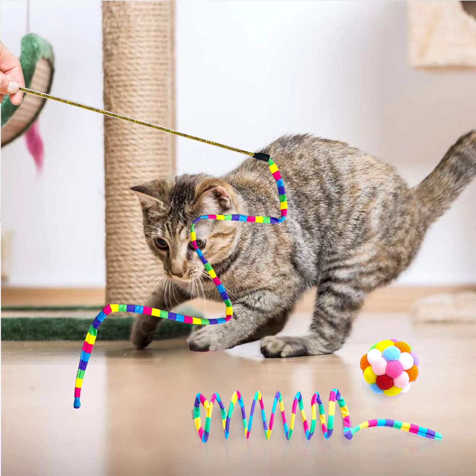 **TUSATIY 3-Pack Cat Toys Set - Interactive Cat Wand with Fuzzy Balls, Bells & Springs - Rainbow Color Toys for Indoor Cats & Kittens - Perfect for Playtime, Exercise & Bonding**