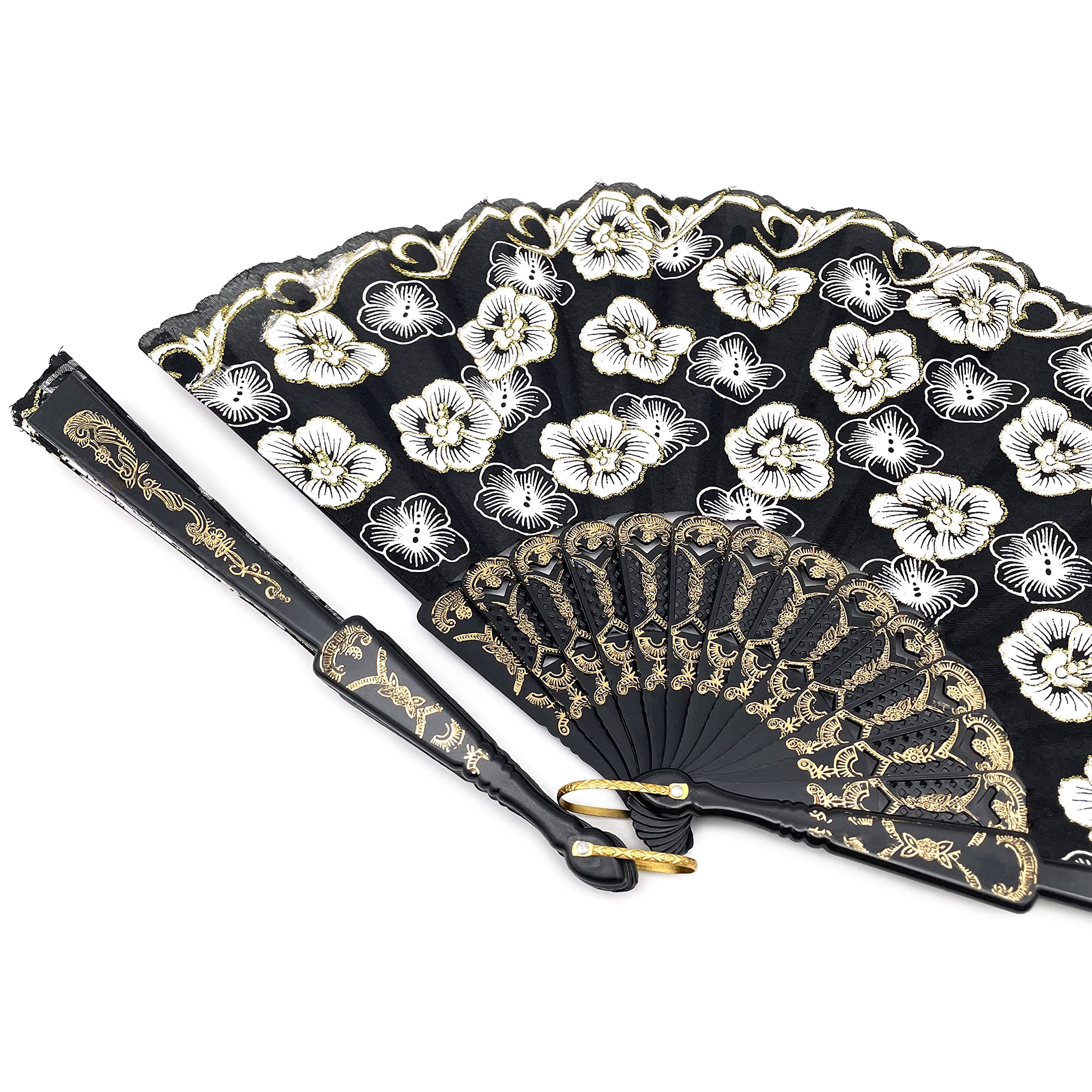 12 Pcs Glitter Floral Pattern Folding Fans - Elegant Black Gold Hand Fans for Wedding Decor, Party Supplies, Dance Performances & Home Wall Decoration - Perfect for Summer Events, Bridal Showers & Table Settings