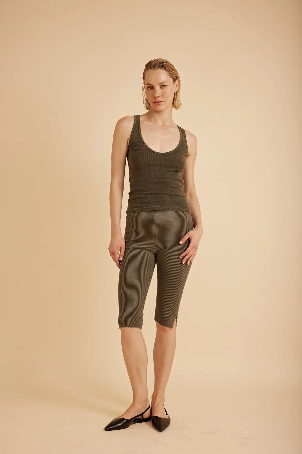 Claire Women's Deep V Neck Ribbed Tank Top - Army Green | Casual Summer Wear, Layering Essential, Perfect for Outfits & Beach Days