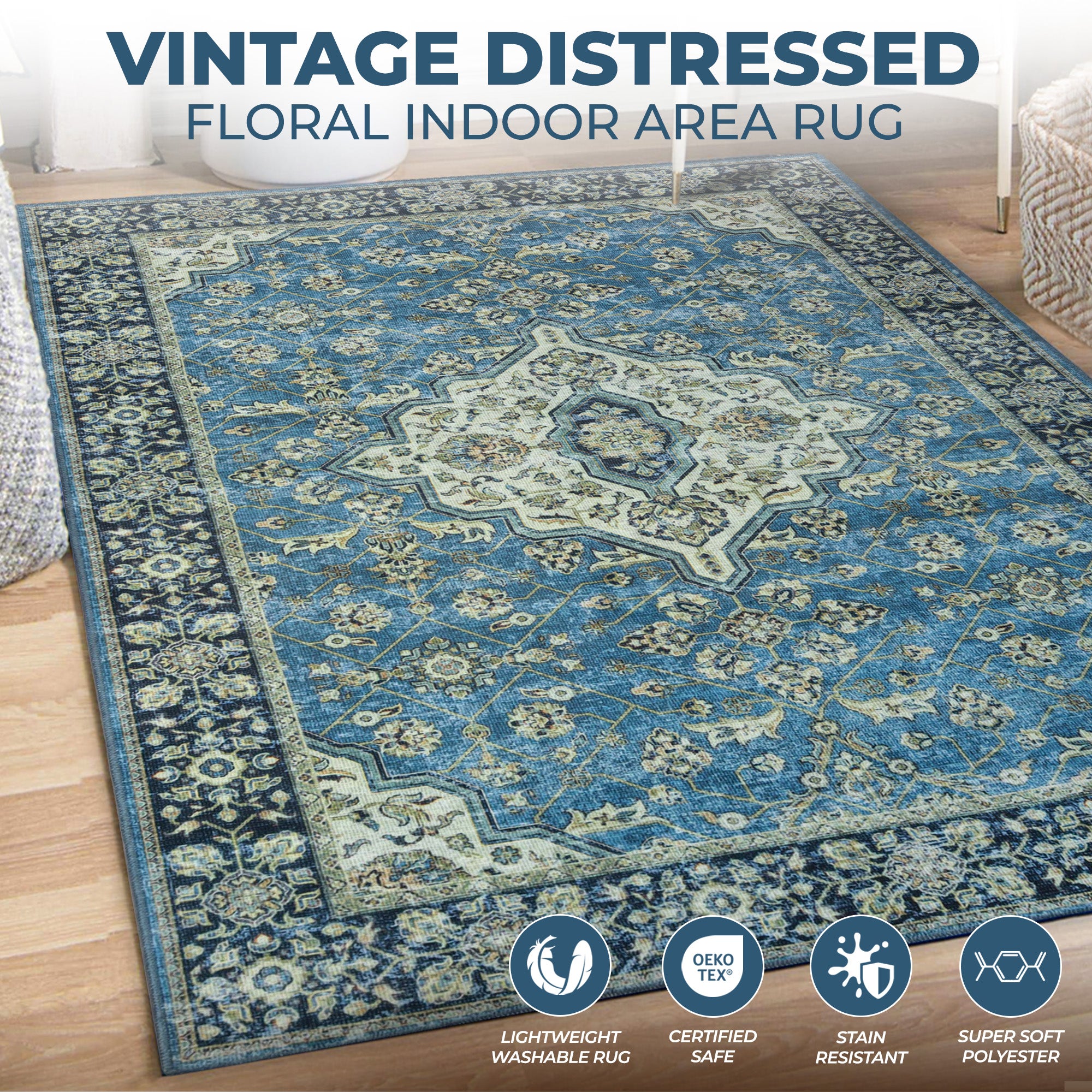 Jay Damask Medallion Bordered Washable Indoor Area Rug - Non-Slip Living Room Carpet, Bedroom Runner for Home Decor | Perfect for Hallways, Entryways & Cozy Spaces