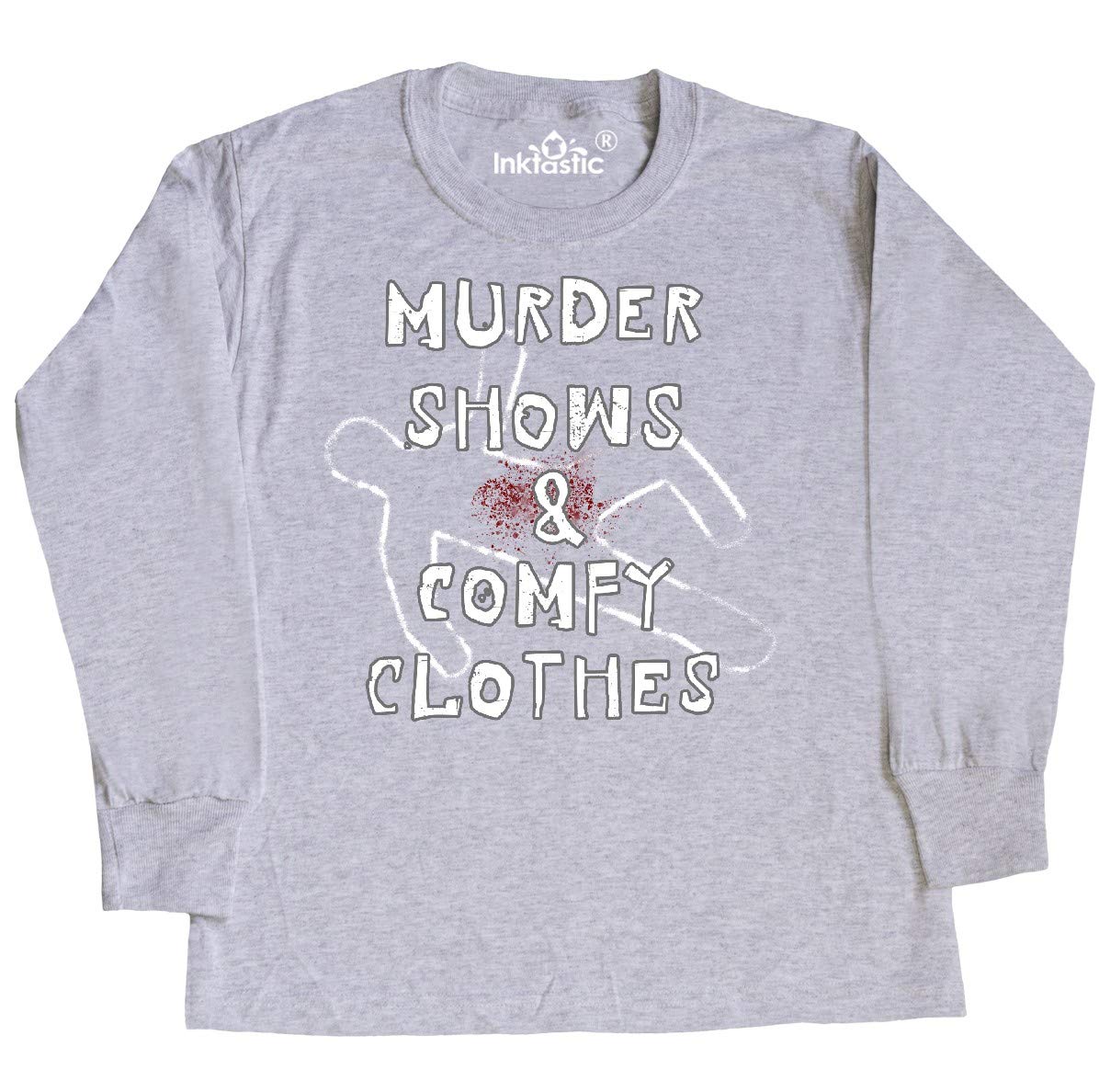 Inktastic Murder Shows & Comfy Clothes Bloody Chalk Youth Long Sleeve T-Shirt | Graphic Novelty Tee for True Crime Fans, Halloween Costume & Casual Wear
