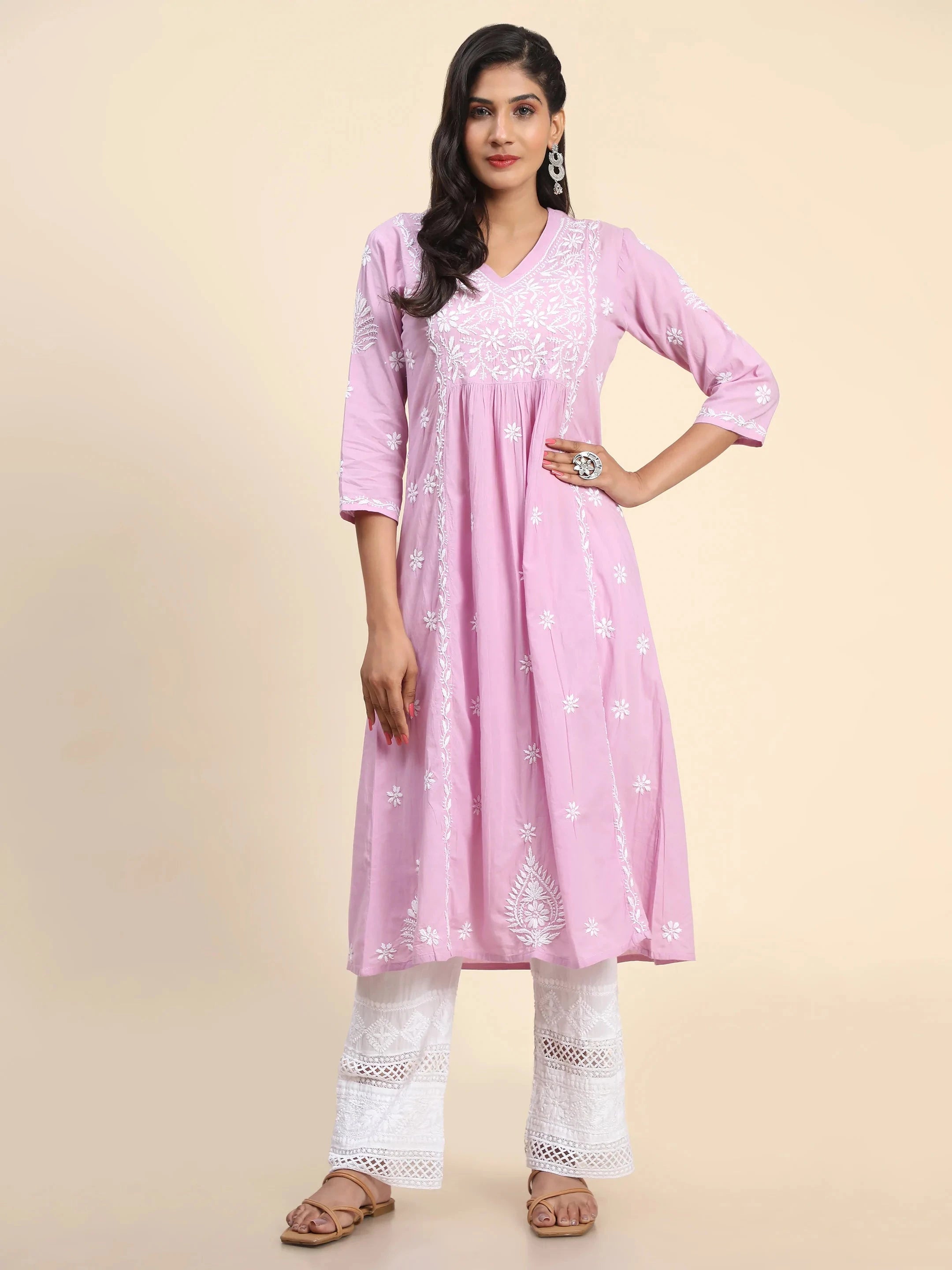 Hand Embroidered Chikankari Long A-Line Kurti for Women - Lavender Ethnic Tunic Top | Perfect for Festivals, Weddings & Casual Wear