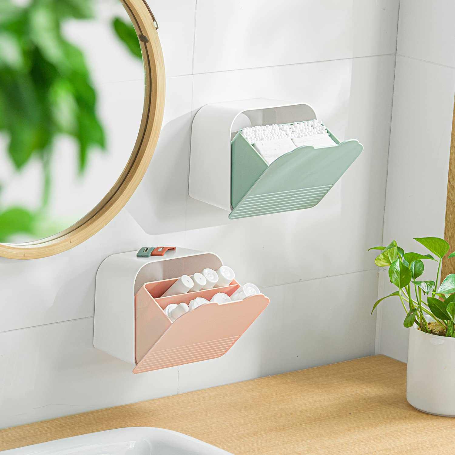 MORNITE Bathroom Vanity Organizer - Acrylic Storage Canister with Lid for Cotton Swabs, Qtips, Makeup Pads, Cotton Balls & Bath Salts | Countertop Organizer for Makeup, Skincare & Bathroom Essentials (Green) - Perfect for Vanity, Spa & Home Decor