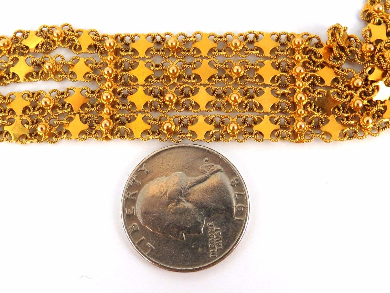 18Kt Yellow Gold Vintage Wide Cuff Bracelet - Hinged Mesh Link Beads (7.5 Inches) - Elegant Statement Jewelry for Parties, Weddings & Special Occasions