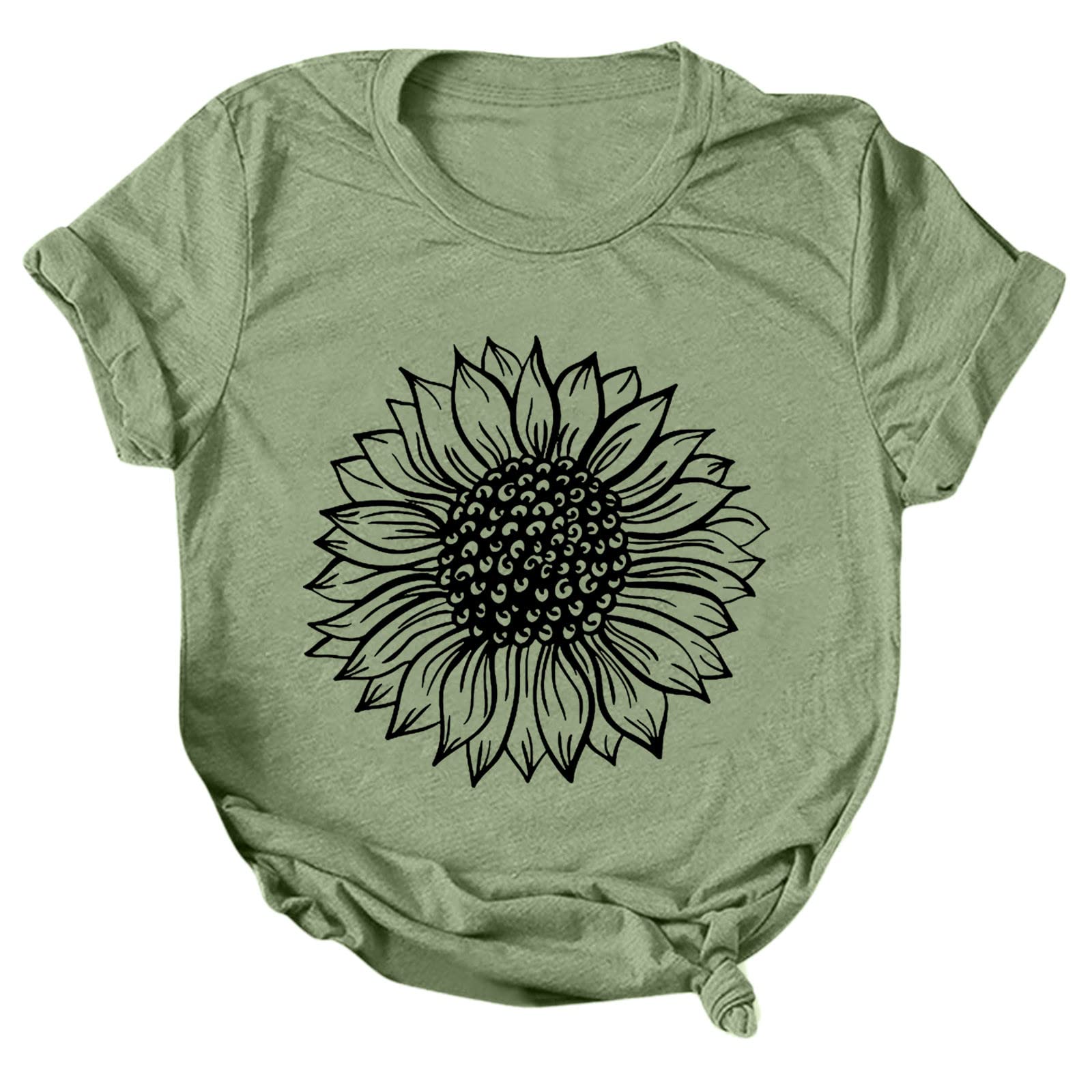 Women's Casual Sunflower Print Round Neck Short Sleeve T-Shirt - Cute Floral Blouse for Workout, Summer & Everyday Wear