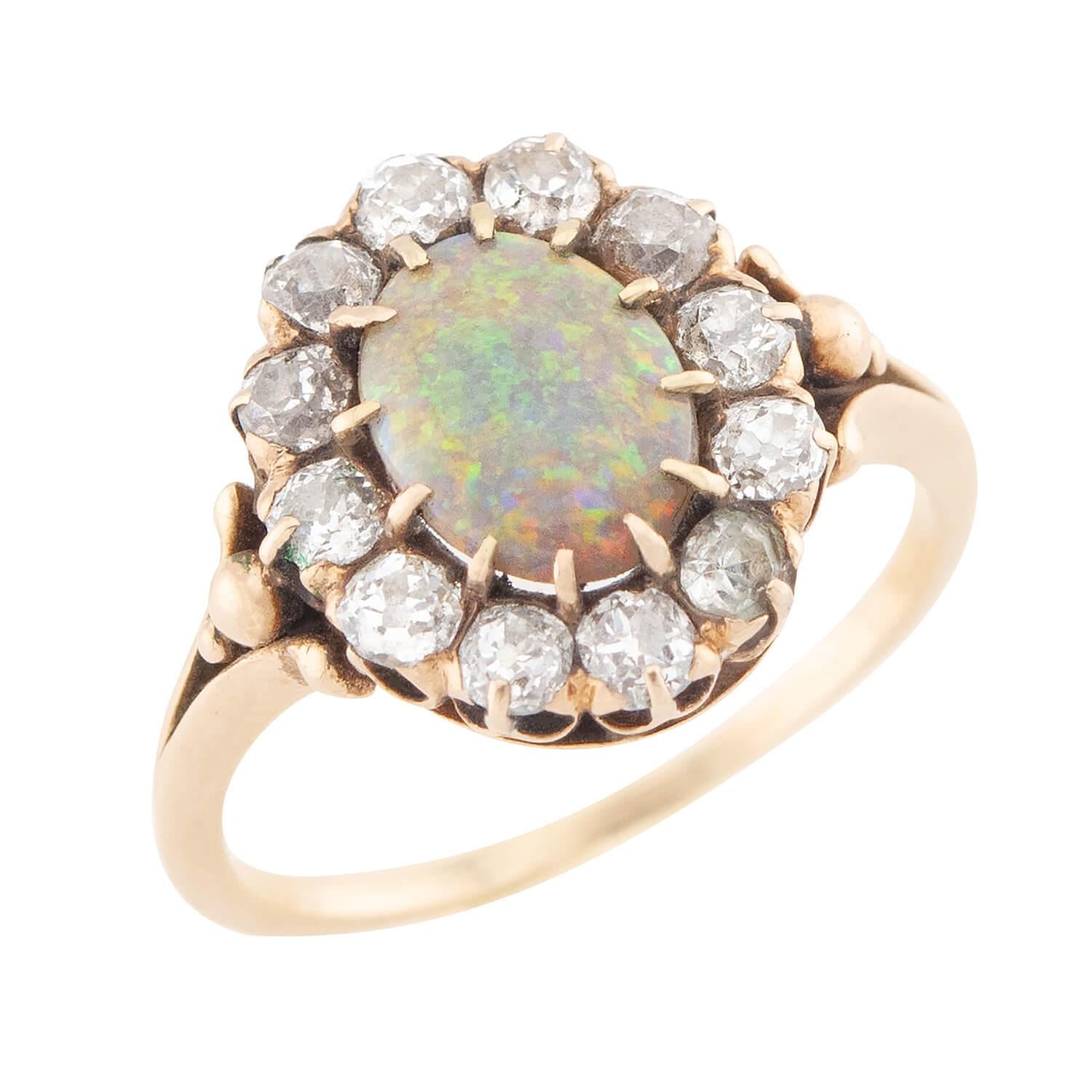 Exquisite Victorian Style 14k Gold Opal and Diamond Halo Ring for Women - Elegant Vintage Jewelry Gift for Anniversary, Engagement & Special Occasions