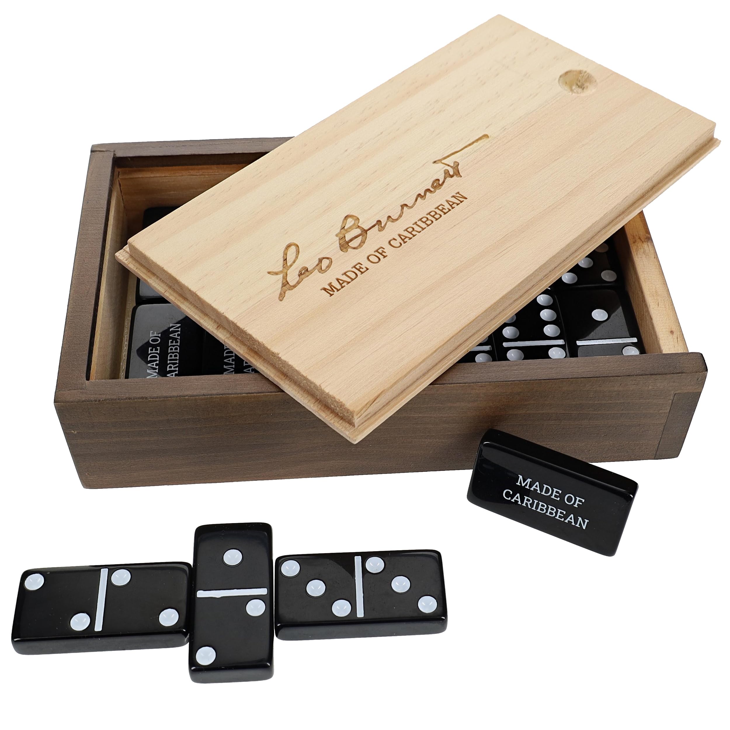WE Games Custom Engraved Double 6 Black Dominoes Set in Wooden Case - Classic 28-Piece Domino Set for Family Game Night, Parties, and Casino-Themed Events