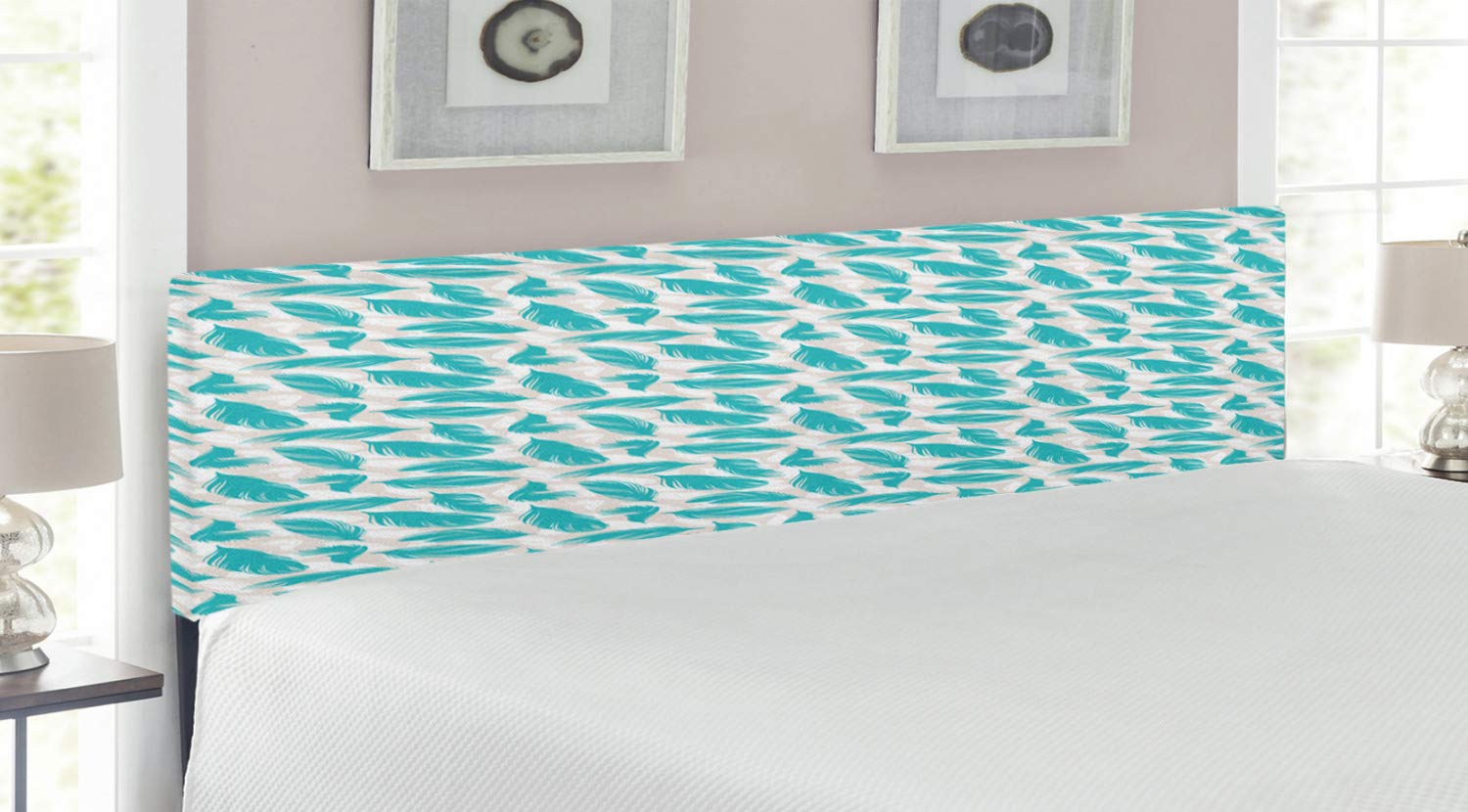 Ambesonne King Size Upholstered Headboard - Turquoise Quills Design with Bird Feathers & Abstract Animal Elements, Nature Inspired Decorative Metal Bed Headboard with Memory Foam (Turquoise/White/Beige) - Perfect for Modern Bedroom, Guest Room & Master Suite Decor