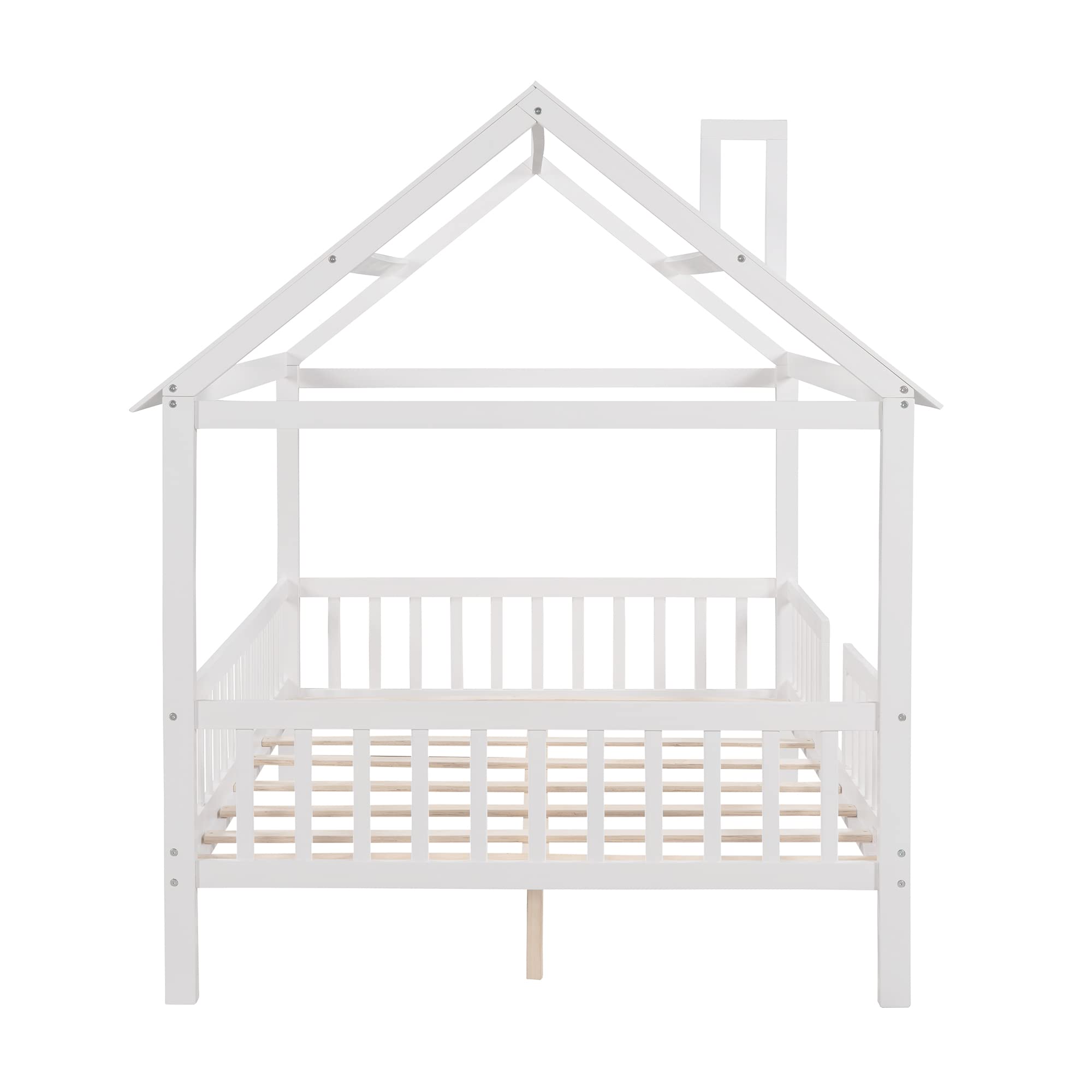 **MERITLINE Full Size Montessori Playhouse Bed - Solid Wood Platform Bed Frame with Fence & Roof for Kids, Teens & Adults - White - Perfect for Playrooms, Bedrooms & Montessori Learning Spaces**