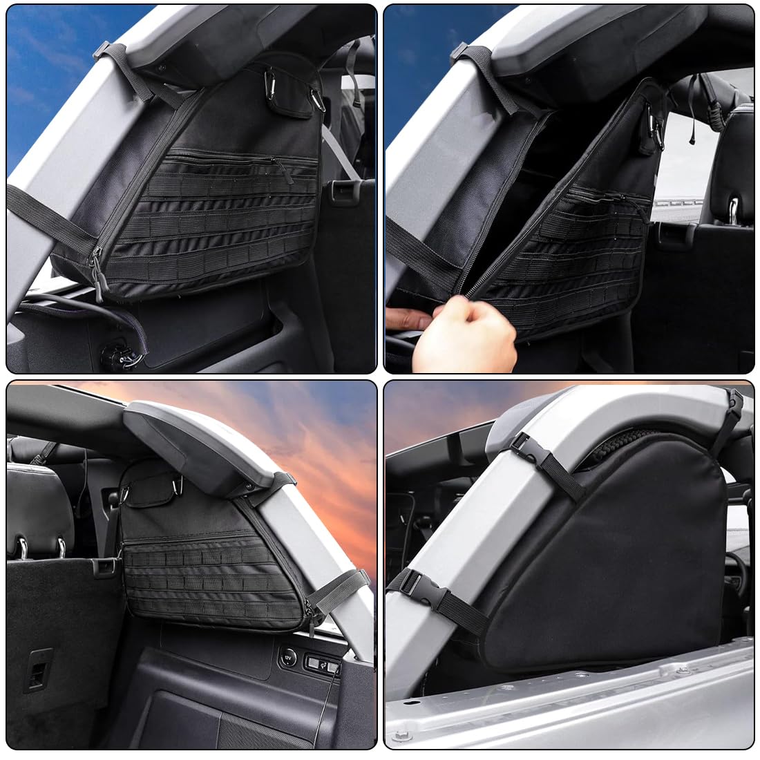 Heavy-Duty Roll Bar Storage Bag & Cargo Carrier Organizer - Universal Saddlebag Tool Kit for 2021-2023 Ford Bronco 4-Door (Black) | Off-Road Gear Storage & Adventure Accessories