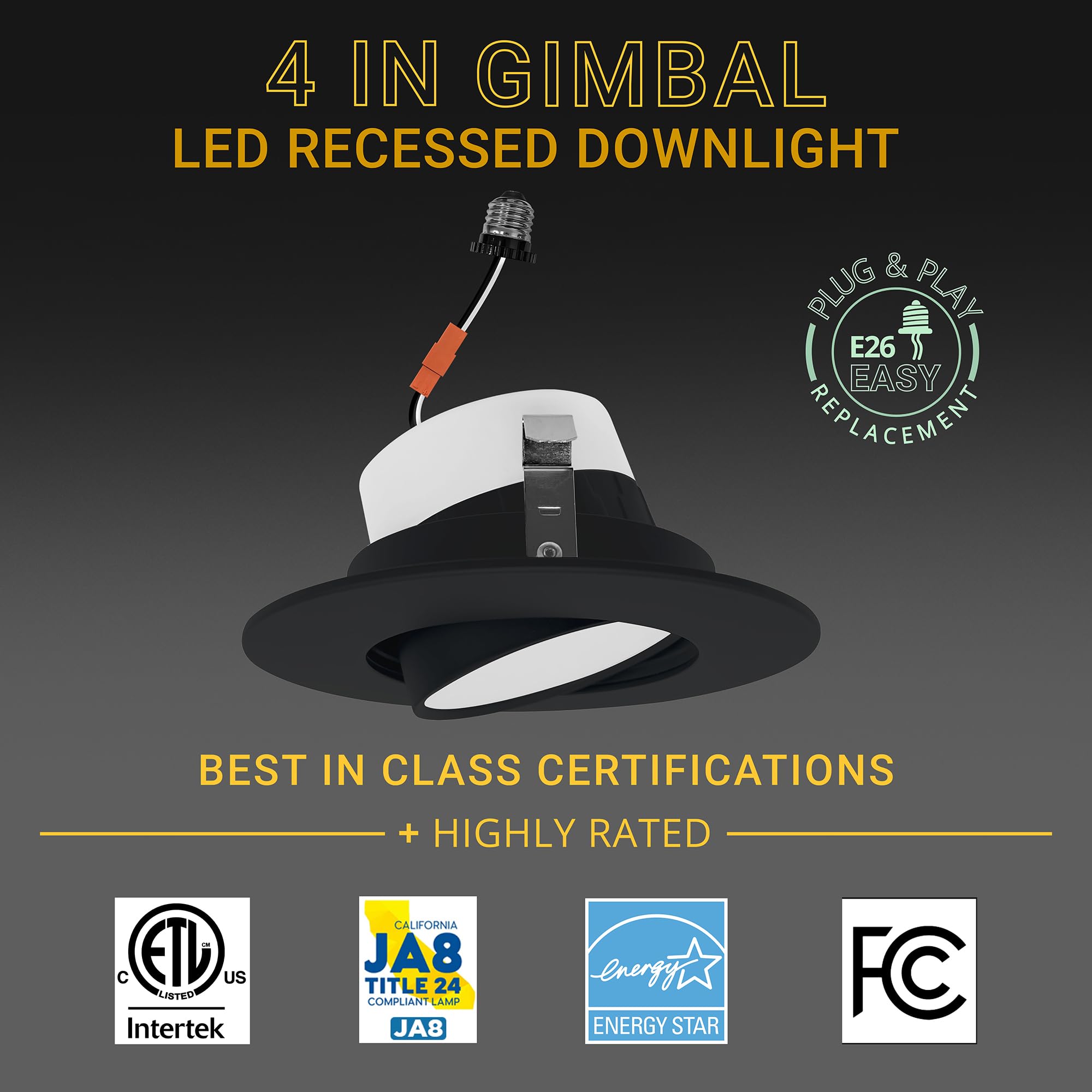 NUWATT Black 4 Inch Gimbal Retrofit LED Recessed Lighting - 5CCT Selectable (2700K-5000K), 750lm High Brightness, 10W, Adjustable Sloped Ceiling Light, Dimmable Eyeball Lights - 6 Pack - Perfect for Living Rooms, Kitchens & Bedrooms
