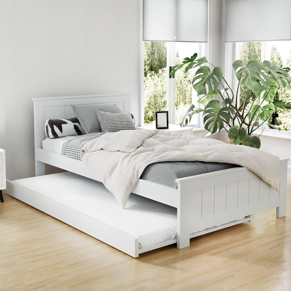 Elvis Wooden King Single Trundle Bed Frame for Kids - White Twin Size with Storage Drawer | Perfect for Small Bedrooms, Guest Rooms & Kids' Sleepovers