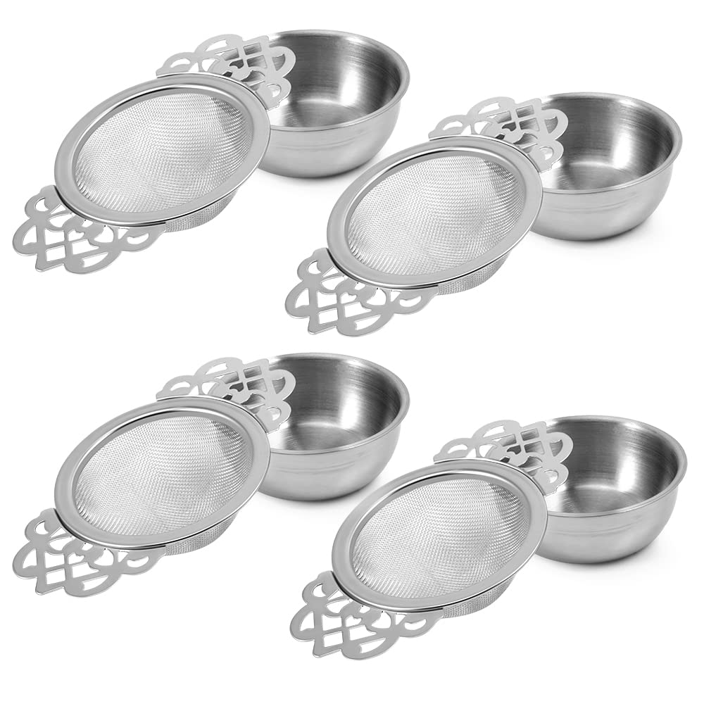 Picowe 4 Pack Stainless Steel Fine Mesh Tea Strainer Bowl - Perfect for Loose Leaf Tea in 2.5-4 Inch Cups | Ideal for Home, Office & Tea Ceremonies