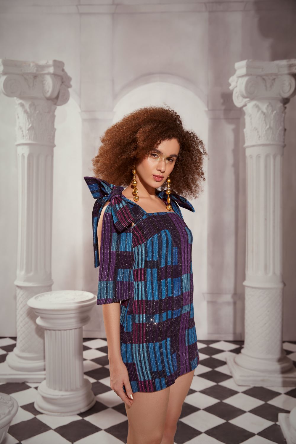Blue Tile Print Tie-Up Bow Short Sleeve Dress - Casual Summer Outfit for Beach, Party & Date Night