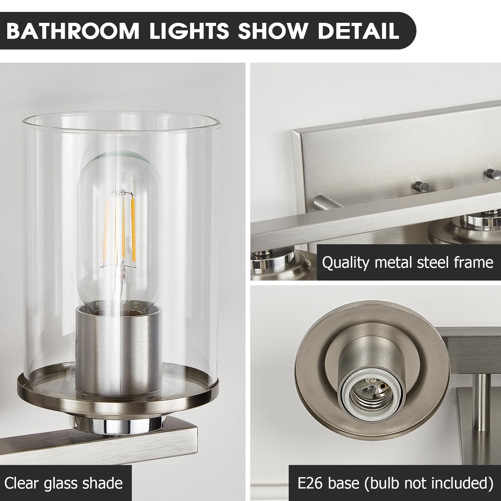 3-Light Brushed Nickel Bathroom Vanity Light Fixture with Clear Glass Shade & E26 Base - Modern Mirror Lighting for Bathroom, Powder Room & Dressing Area - Perfect for Makeup, Shaving & Home Decor