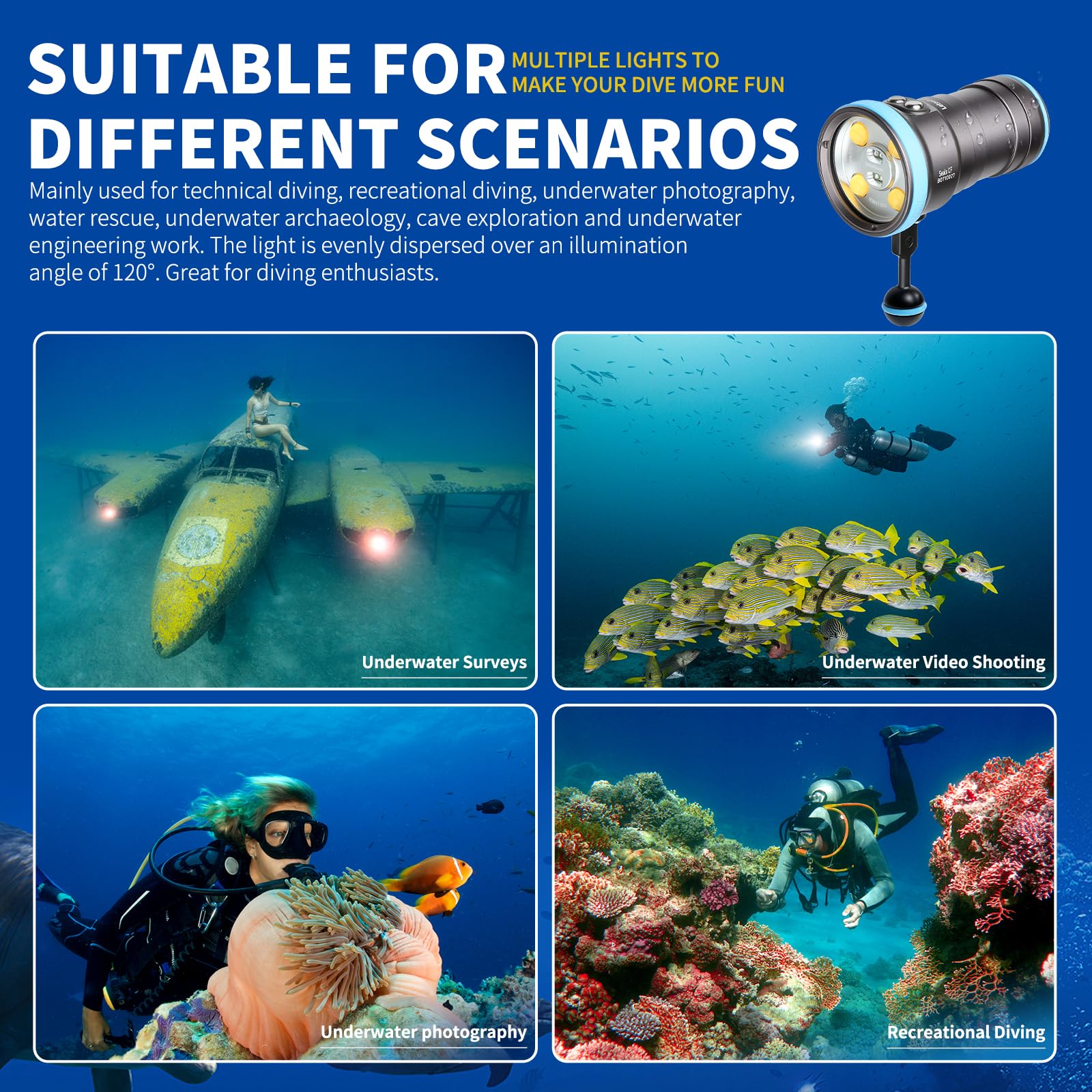 Professional 6000 Lumen Scuba Diving Light - 100m Waterproof Underwater Flashlight for Photography & Video, 96 CRI 120° Wide Beam - Perfect for Night Diving, Cave Exploration & Marine Life Observation