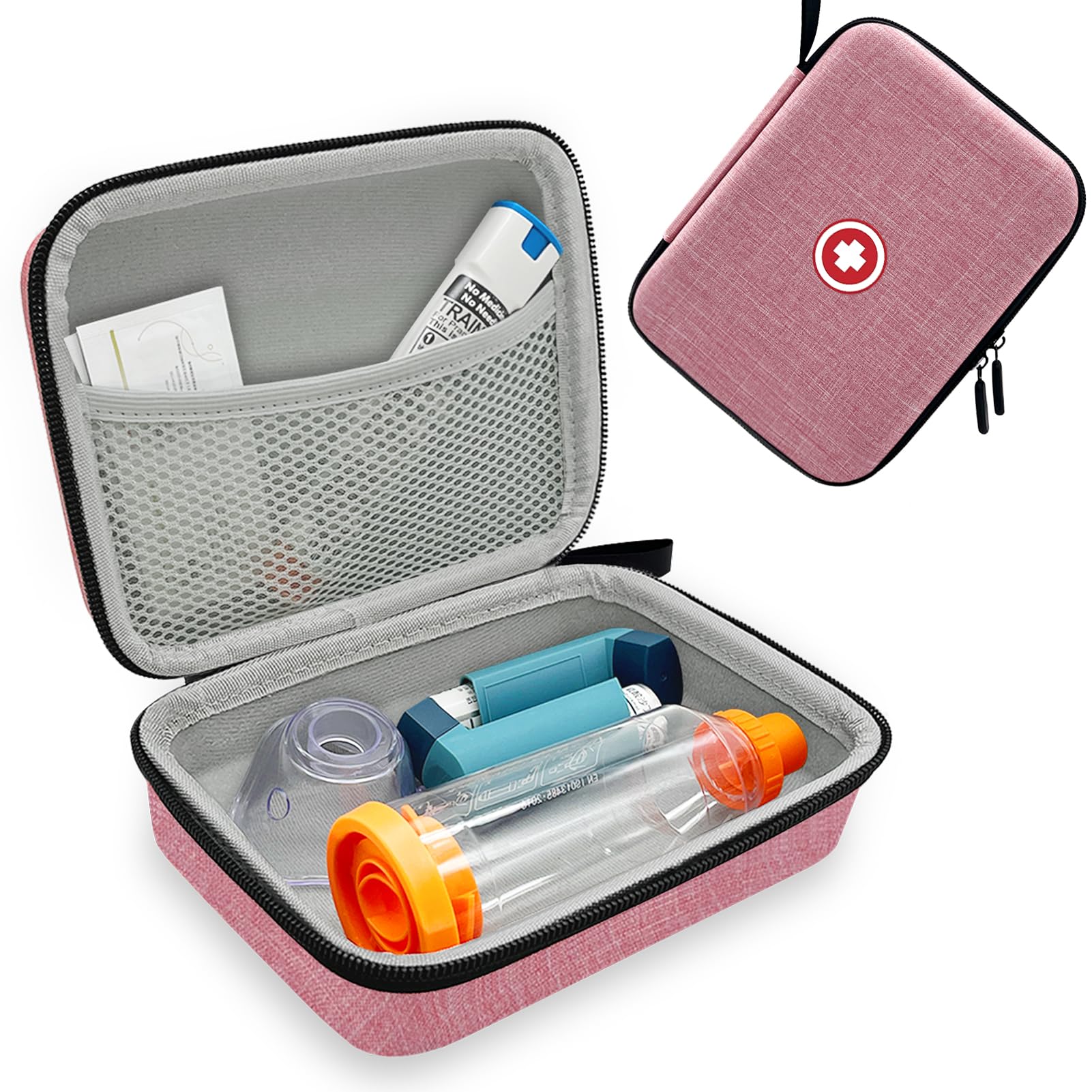 Asthma Inhaler Travel Case - Portable Hard Shell Organizer for Kids & Adults with Mesh Pocket - Holds Inhaler, Spacer, Masks & Medicine Accessories - Pink (Case Only) - Perfect for Travel, School & Daily Use