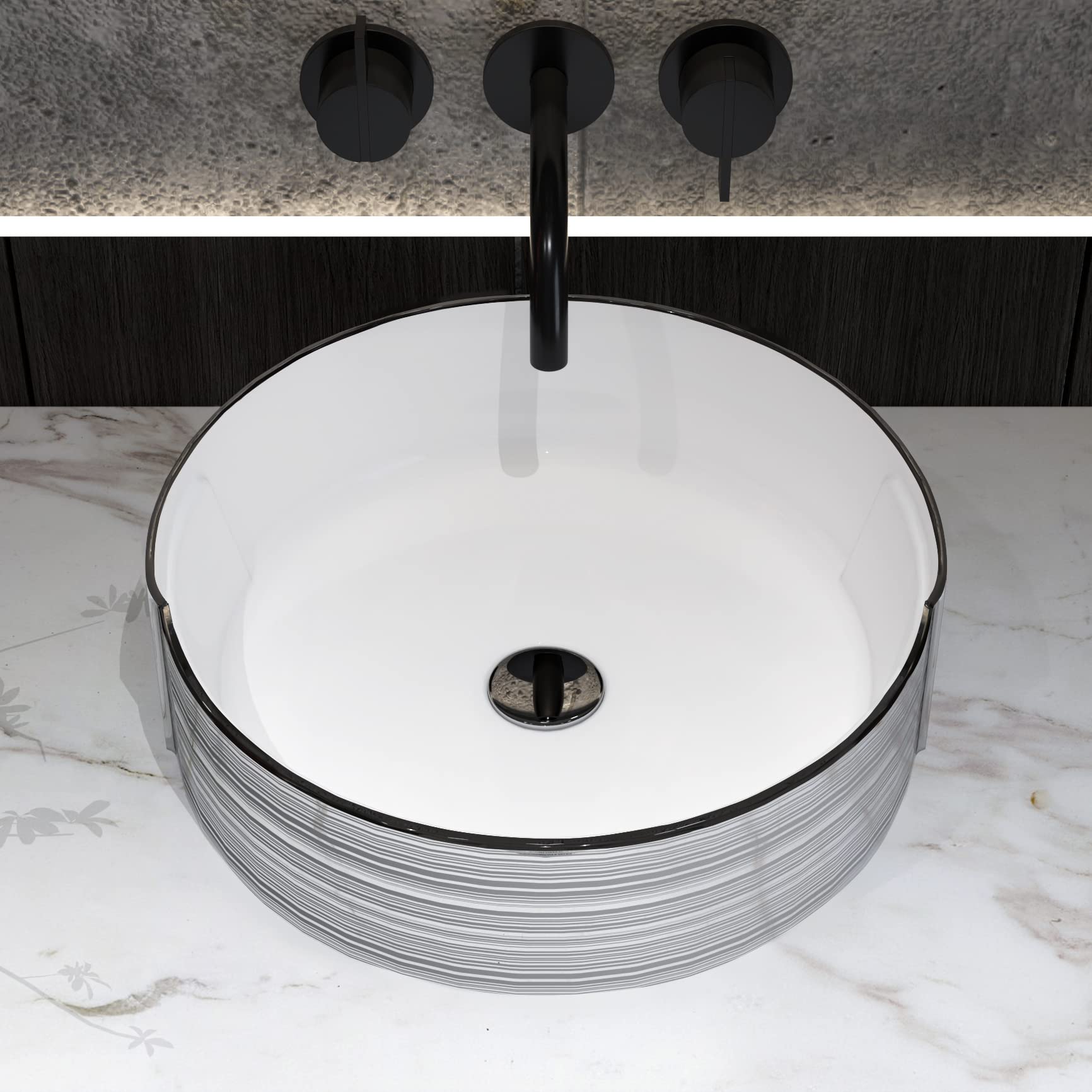 MEJE 16.75 Inch Modern Round Porcelain Vessel Sink - Elegant Silver Stripe Design, Above Counter Bathroom Basin with Pop-Up Drain - Perfect for Contemporary Bathrooms, Powder Rooms, and Vanity Makeovers
