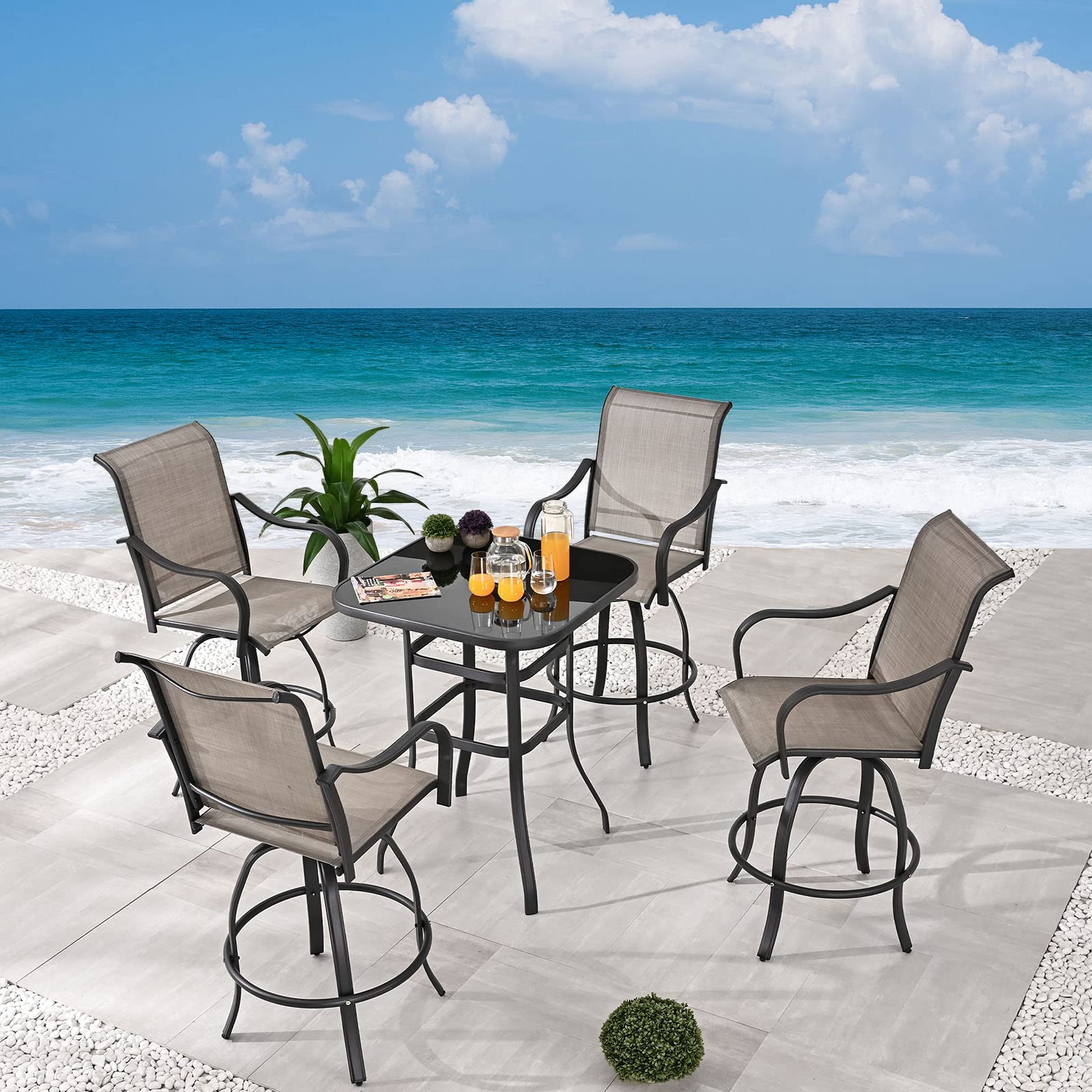 360° Swivel Patio Bistro Set with Tempered Glass Table - 5 Piece Outdoor Dining Furniture (4 Bar Height Chairs + 1 Table) for Garden, Balcony & Backyard - Weather Resistant Grey Set