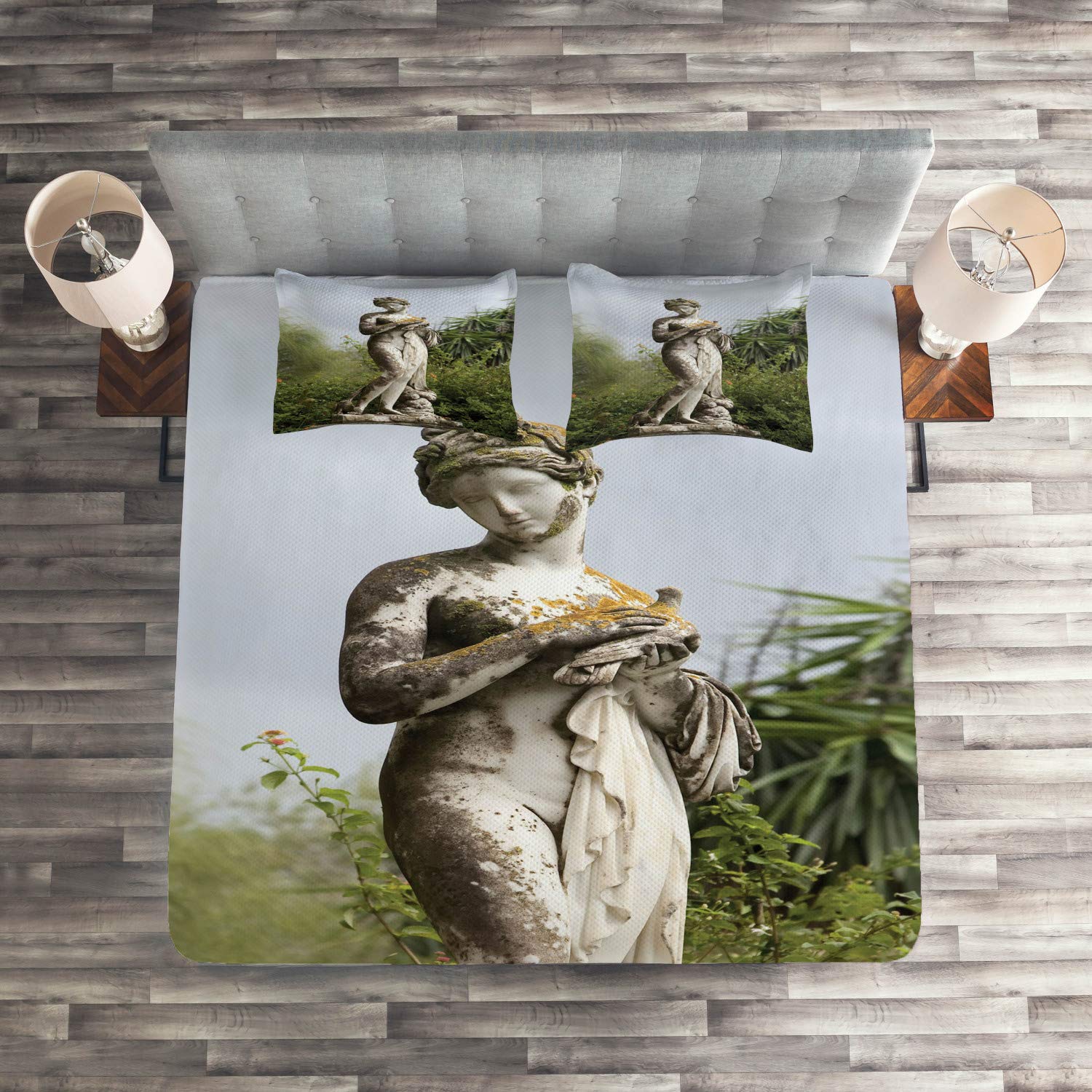 Ambesonne Architecture Quilt Set - Sculptured Greenery at Achillion Palace Corfu Island Design, 3-Piece King Size Bedspread with 2 Pillow Shams, Green Beige - Perfect for Master Bedroom Decor, Guest Room Makeover & Mediterranean Style Home Interiors