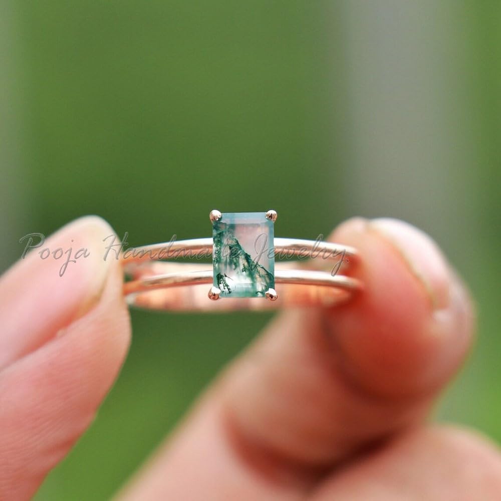 Moss Agate Ring for Women - 14K Rose Gold Vermeil & 925 Sterling Silver Dainty Bohemian Midi Stackable Band Ring - Perfect Birthday Gift for Her - Ideal for Everyday Wear, Stacking, and Bohemian Style Outfits