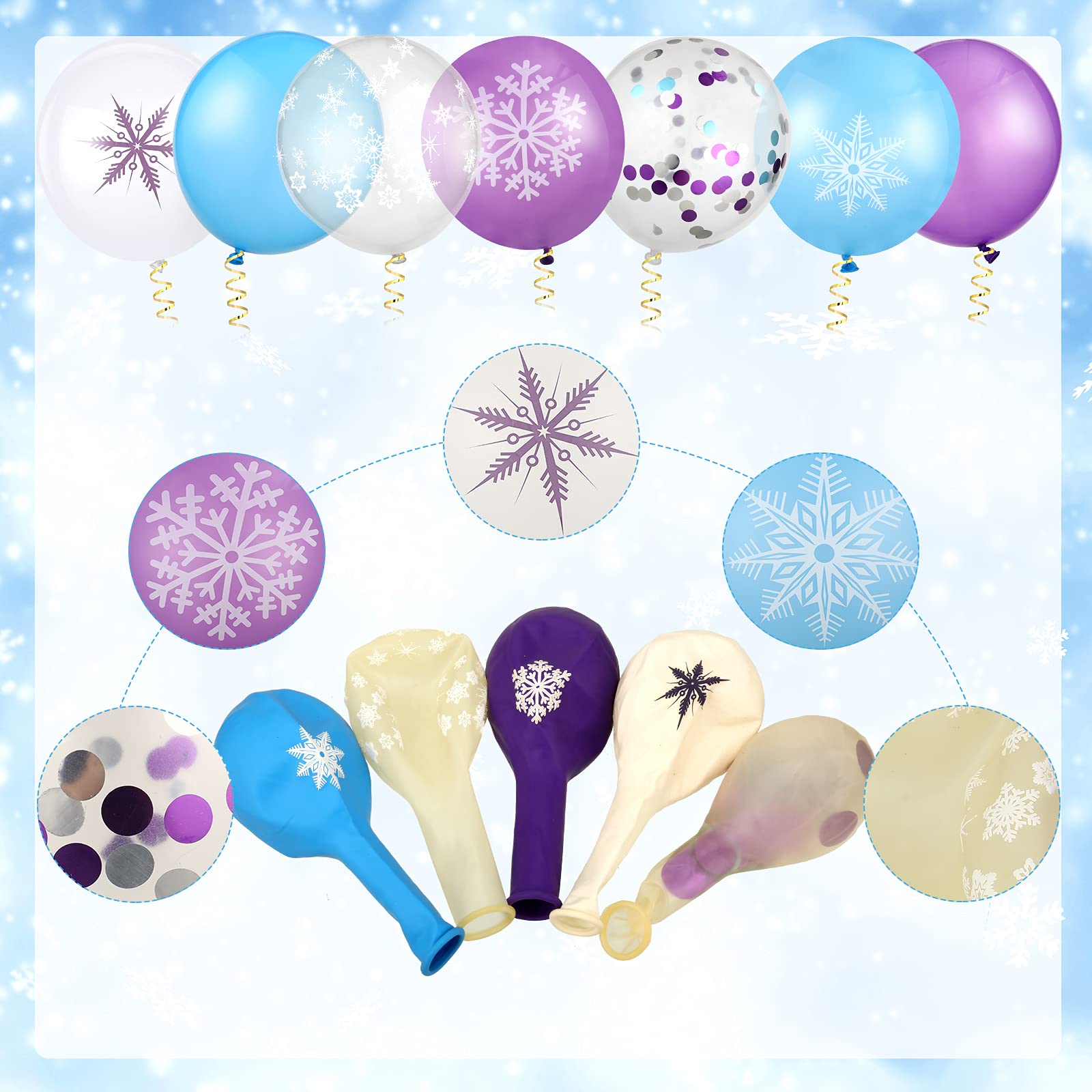 100-Piece 12-Inch Snowflake Balloons - Purple, Blue & White Winter Balloons for Birthday Parties, Baby Showers & Winter-Themed Events | Perfect for Indoor & Outdoor Decorations