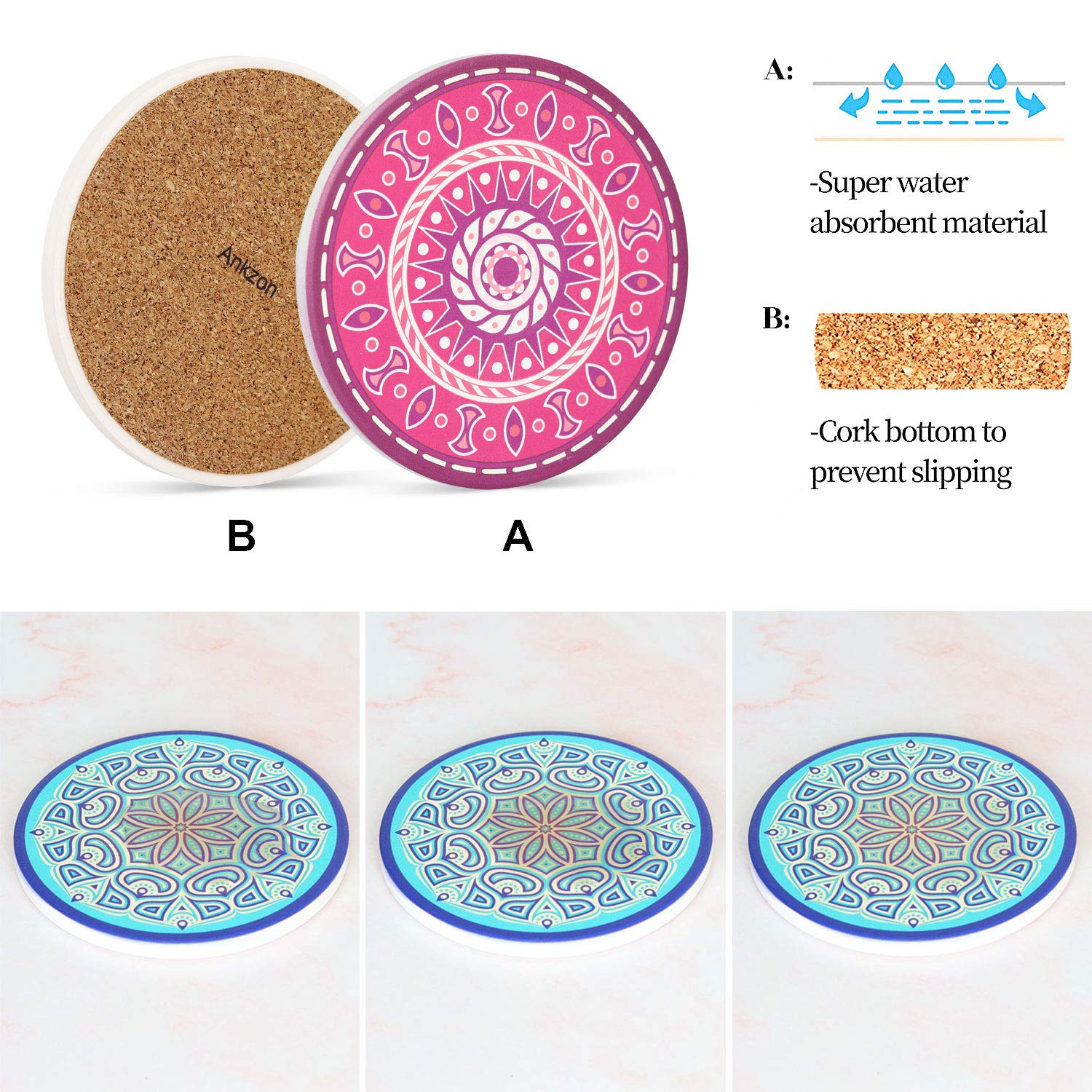 Absorbent Stone Mandala Coasters Set of 9 with Holder - Cork-Backed Drink Coasters for Hot & Cold Beverages - Unique Housewarming, Birthday Gifts for Men & Women - Perfect for Kitchen, Bar, Coffee Table Decor | Protect Surfaces from Water Rings & Stains