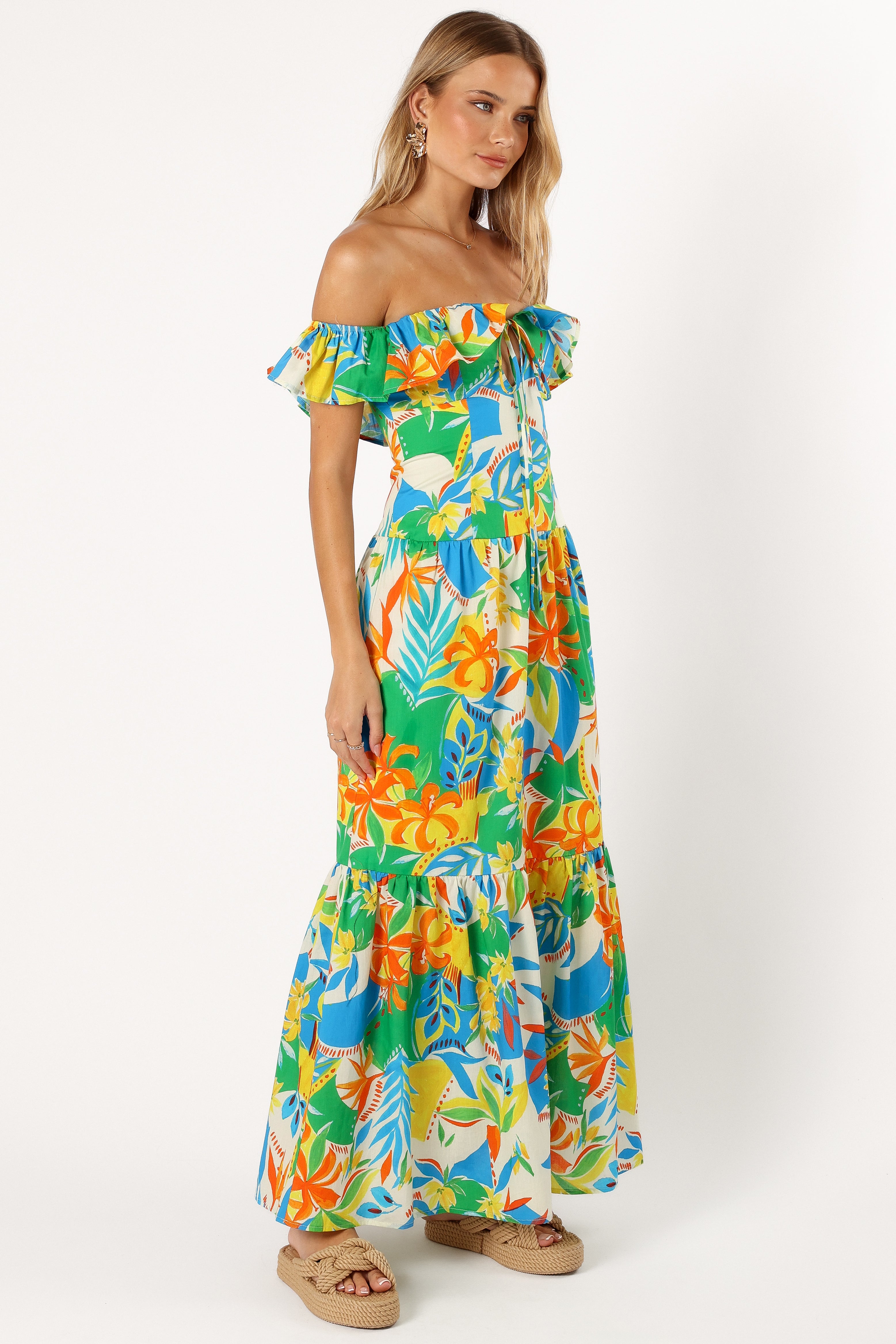 Harriet Off Shoulder Maxi Dress - Floral Malta Print Summer Beach Dress for Women | Perfect for Vacations, Weddings & Date Nights