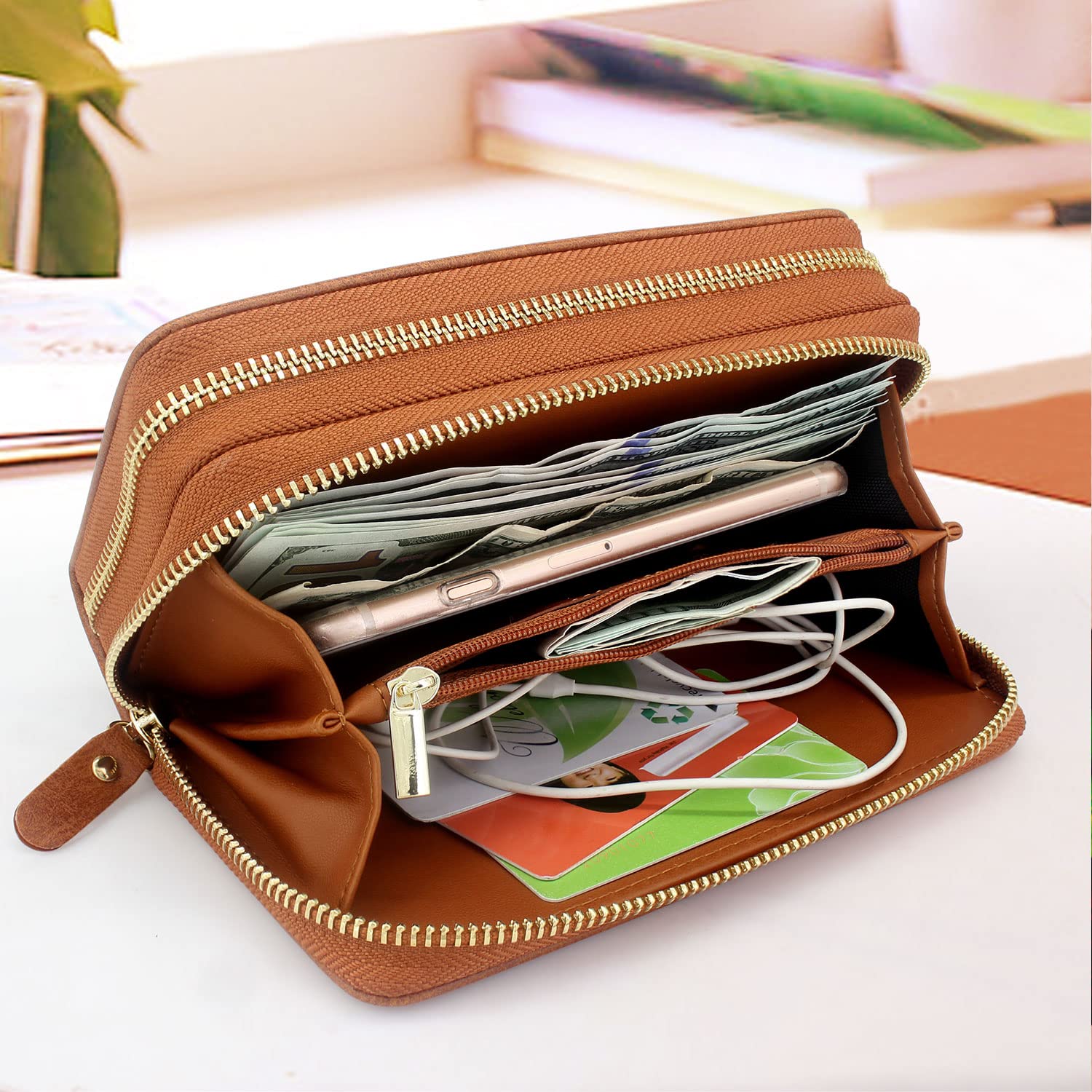 Harryshell iPhone 15 Pro Max Wallet Case (6.7 inch 2023) - Detachable Zipper Purse with Card Slots, Mirror & Crossbody Chain - Brown Leather Phone Cover for Women | Perfect for Travel, Shopping & Everyday Use