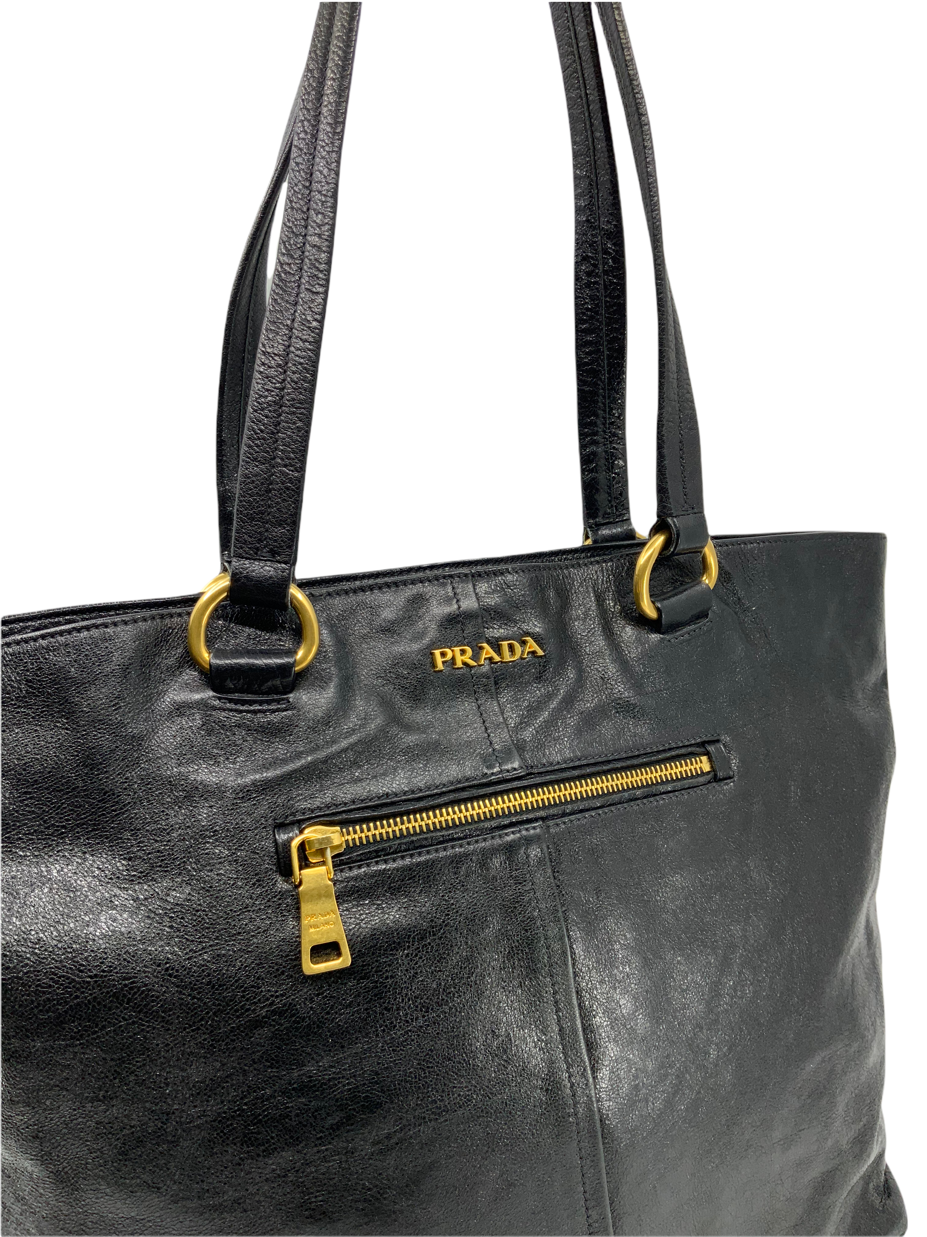 Prada Glazed Leather Front Zip Tote Bag for Women - Luxury Designer Handbag for Work, Travel & Everyday Use