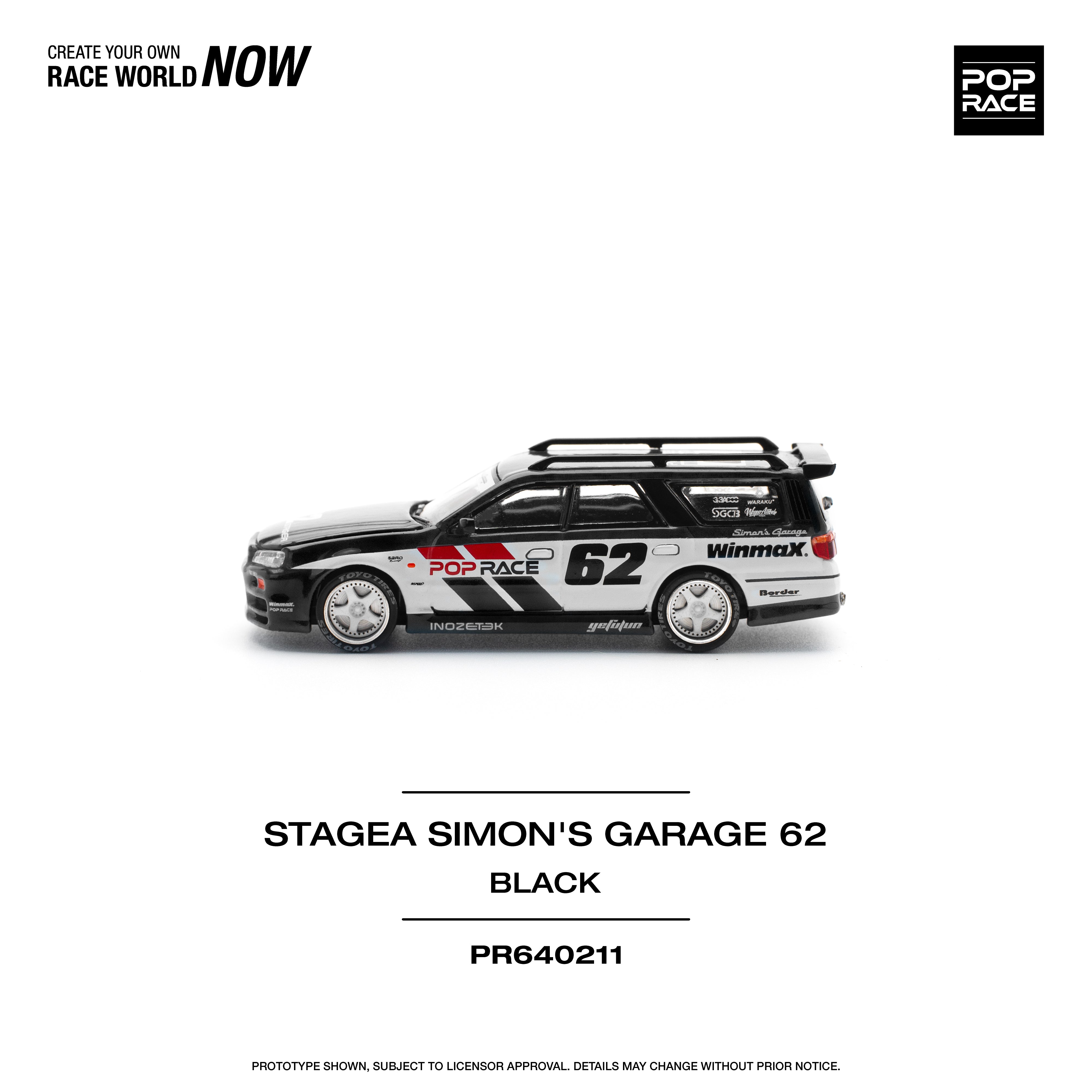 PREORDER Pop Race 1:64 Scale Nissan Stagea SIMON'S GARAGE #62 Black Diecast Model Car - Perfect for Collectors, Display Cases & Racing Enthusiasts