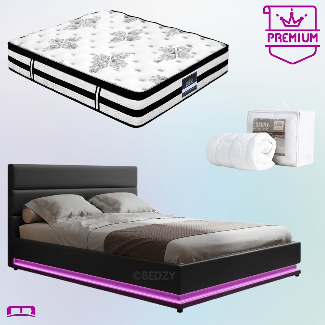 Premium Henley LED Bed Frame in Black with Algarve Euro Top Medium Firm Mattress & Pillowtop Topper - Complete Bedroom Set for Modern Homes, Guest Rooms & Luxury Apartments