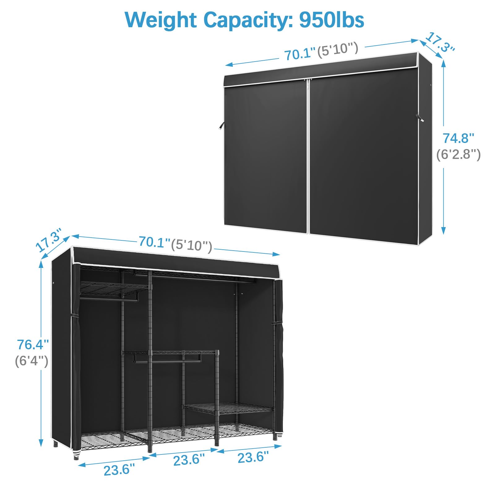 VIPEK V3C Heavy Duty Covered Clothes Rack with Oxford Fabric - Adjustable Shelves & Hanging Rods - Portable Freestanding Wardrobe for Closet Organization (Max Load 950lbs) - Perfect for Bedroom, Laundry Room & Garage Storage