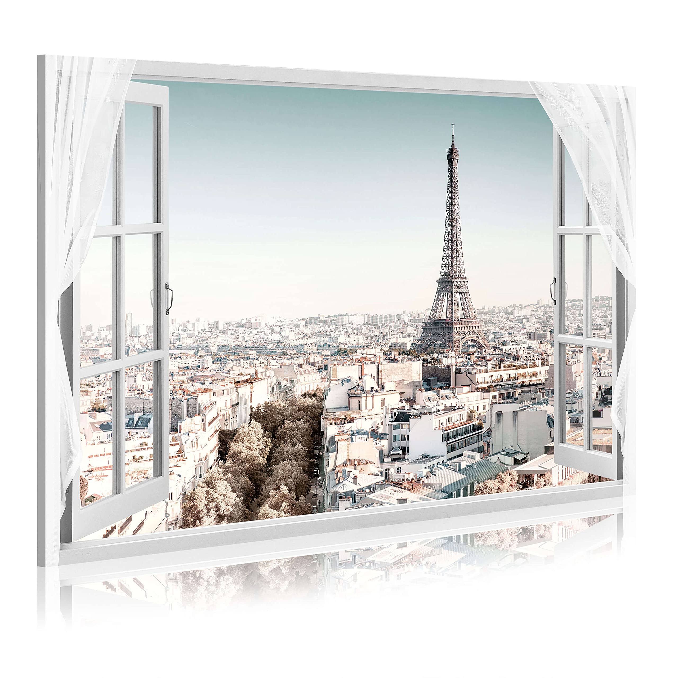 WALLSUP DECOR Paris Cityscape Canvas Wall Art - Modern Eiffel Tower Window View Painting, Large Fake Window Print for Living Room Decor, Bedroom & Office | Perfect Gift for Home Interior Design