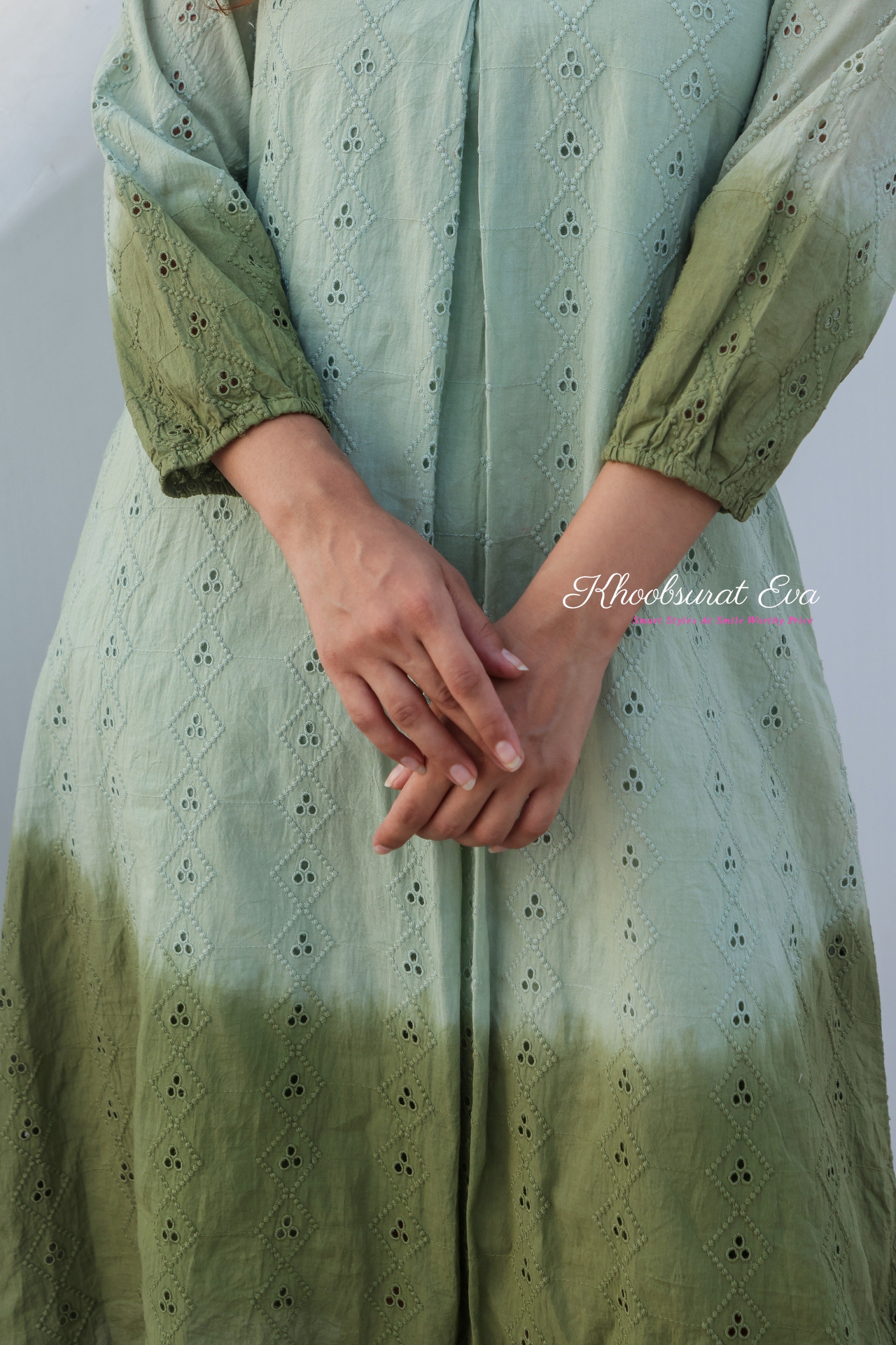 Pista Green Embroidery Ombre Dress for Women - Elegant Floral Summer Maxi Dress for Beach, Wedding & Special Occasions