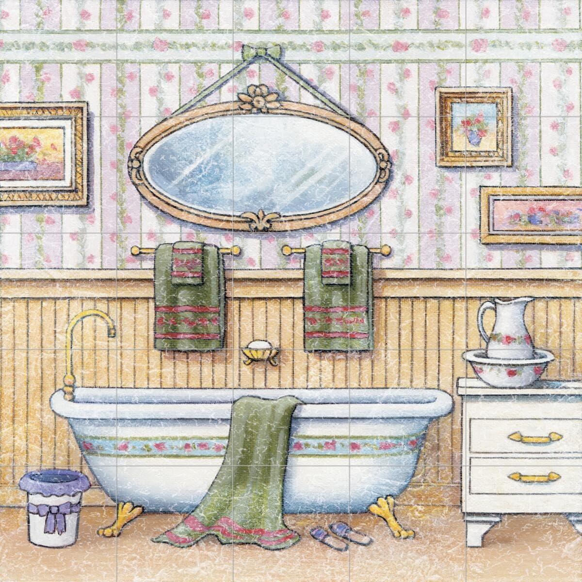 Vintage Ceramic Backsplash Tile Mural for Bathroom, Kitchen & Shower - John Zaccheo Design - Perfect for Bathroom Walls, Kitchen Splashbacks & Shower Areas