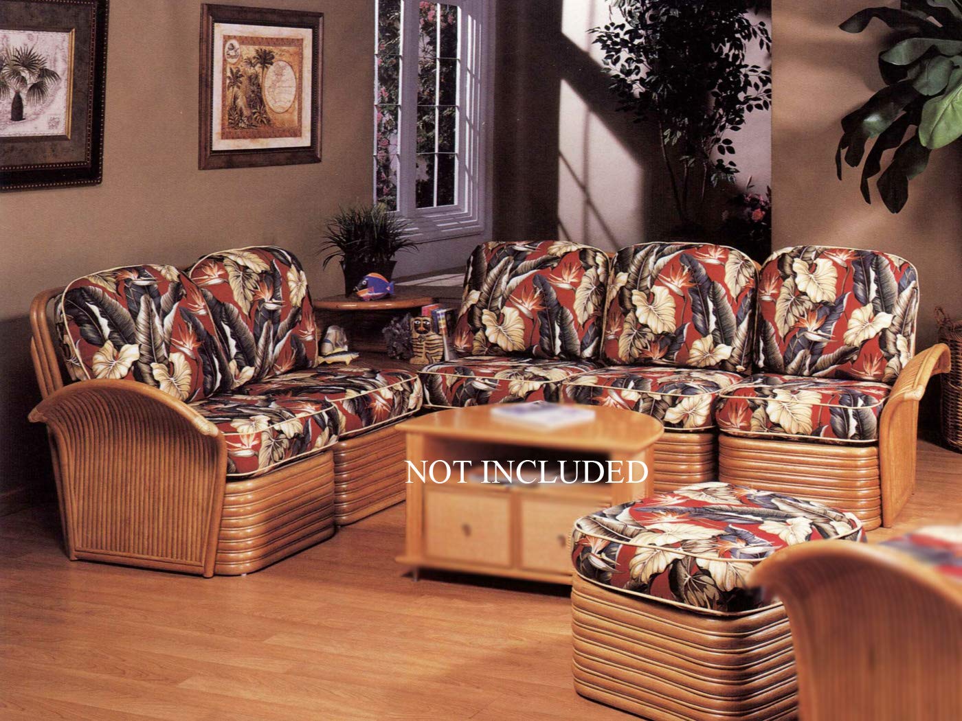 Rattan Living Room Furniture Modular Sectional 7 Piece Sofa Set - Breathable Wicker Couch with Ottoman & Coffee Table (Multiple Fabric Options) - Perfect for Patio, Sunroom or Coastal Home Decor