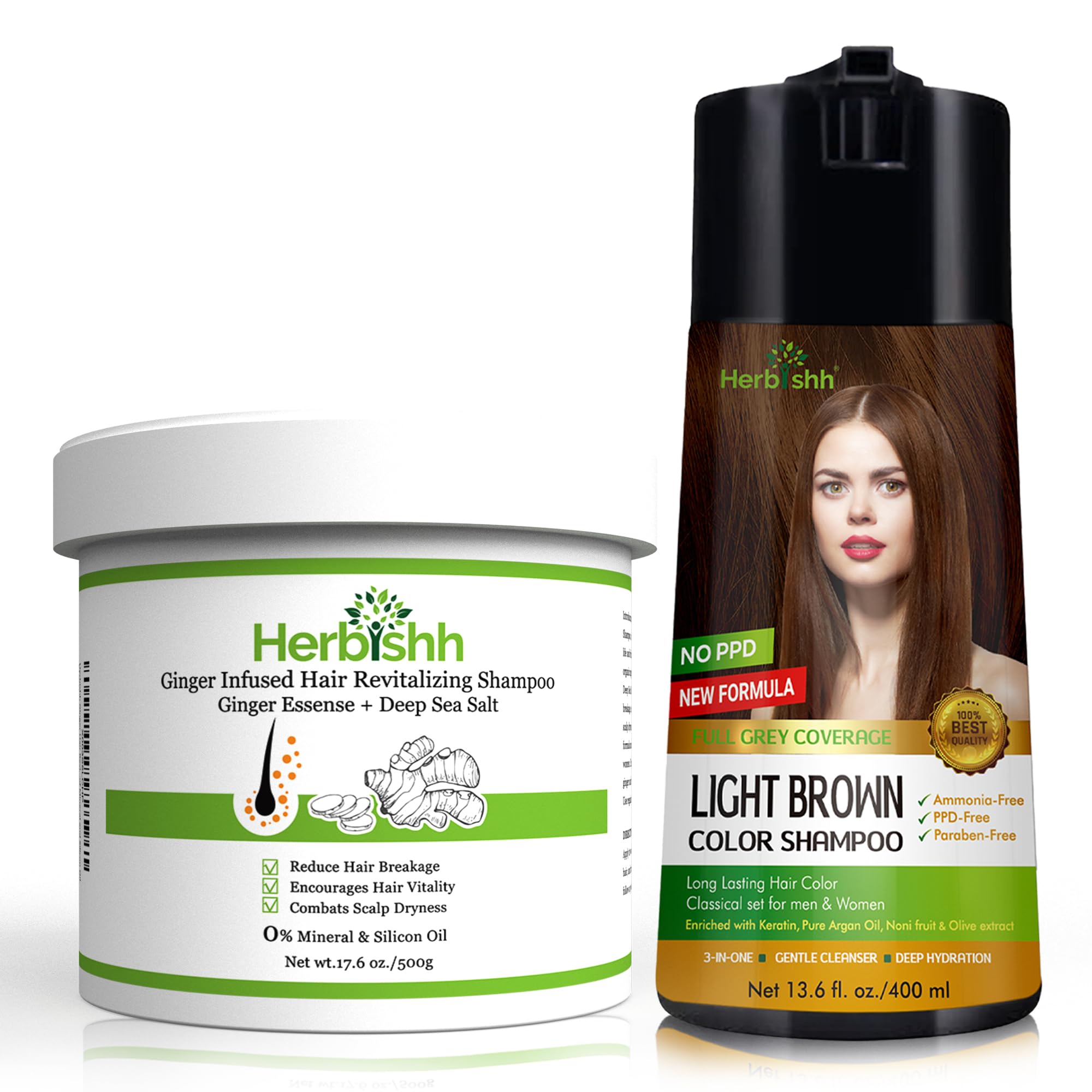 Light Brown Hair Color Shampoo for Gray Hair 400ml + Ginger Hair Revitalizing Shampoo with Deep Sea Salt - Vegan Treatment for Weak & Brittle Hair | At-Home Hair Coloring & Scalp Care Solution