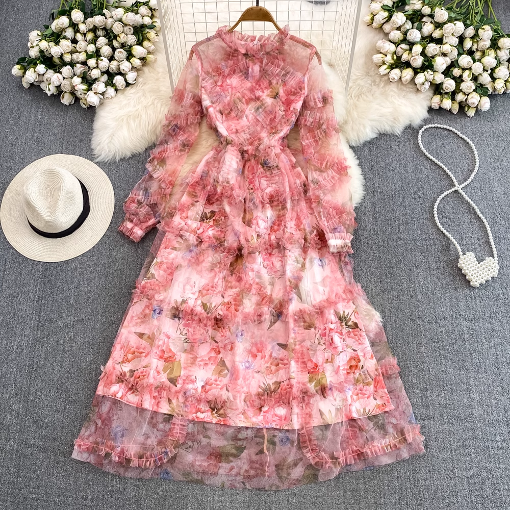 Elegant Long Sleeve Stand Collar A-Line Printed Chiffon Dress for Women - Perfect for Weddings, Parties & Formal Occasions